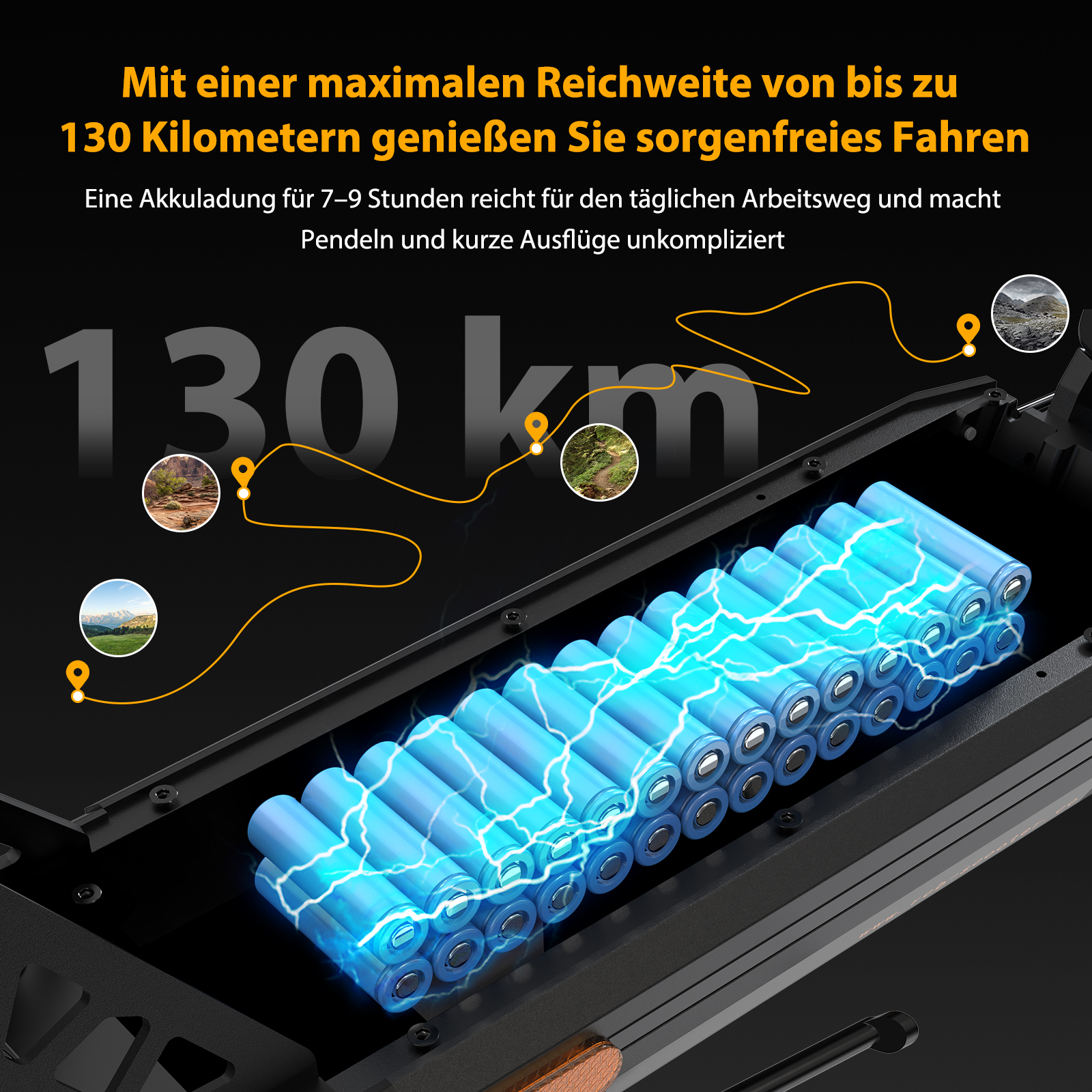 Eine Batteriebank mit 130 km Reichweite, die mit blauen Blitzen aufgeladen wird.