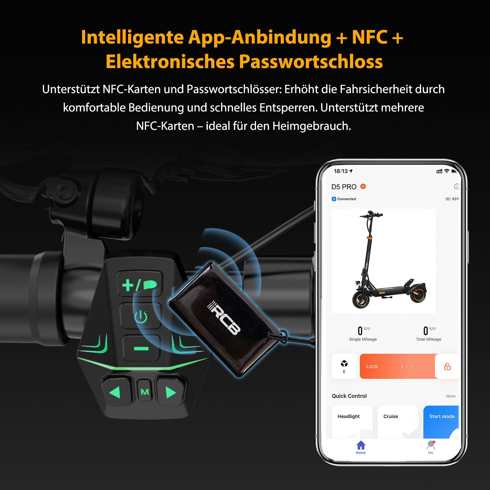 Nahaufnahme eines E-Scooter-Lenkers mit Bedienelementen und einem Smartphone, das die App zeigt.