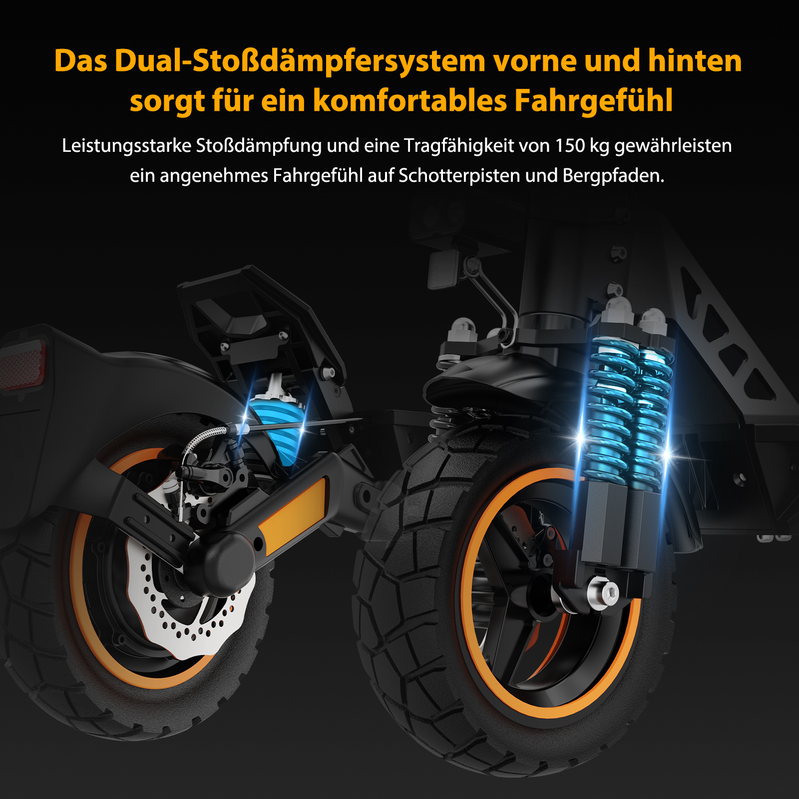 Elektroroller mit Doppelstoßdämpfern vorne und hinten.