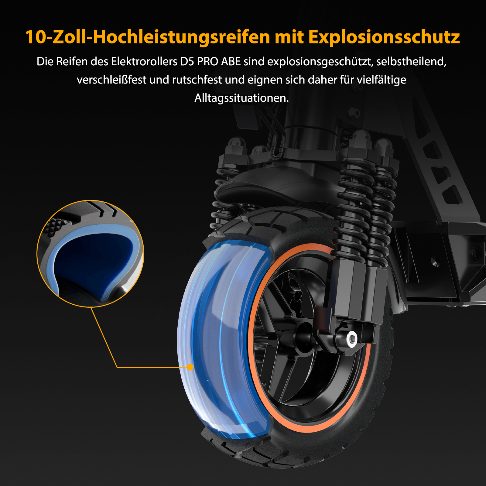 Nahaufnahme eines Elektrorollerreifens mit orangefarbenem Rand und blauer Innenstruktur.