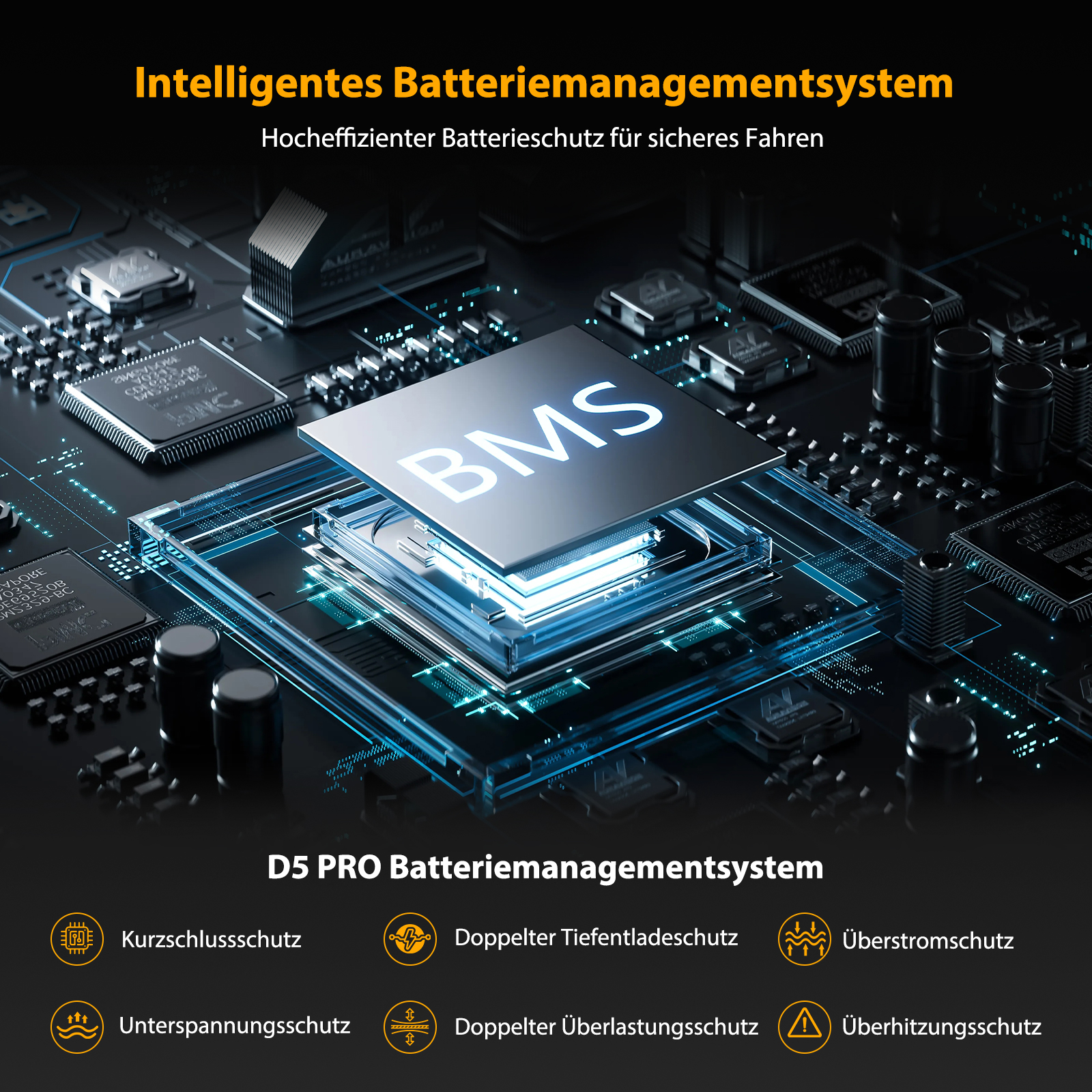 Abstrakte Darstellung einer Leiterplatte mit leuchtenden blauen Linien und dem BMS-Chip.