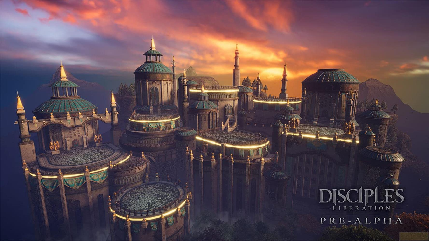Eine Fantasy-Stadt mit Türmen und Kuppeln bei Sonnenuntergang.