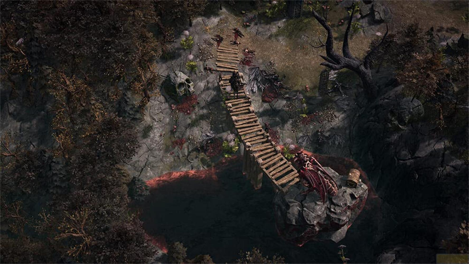Eine einsame Gestalt überquert eine Holzbrücke über dunklem Wasser, vorbei an Schädeln und Trümmern.