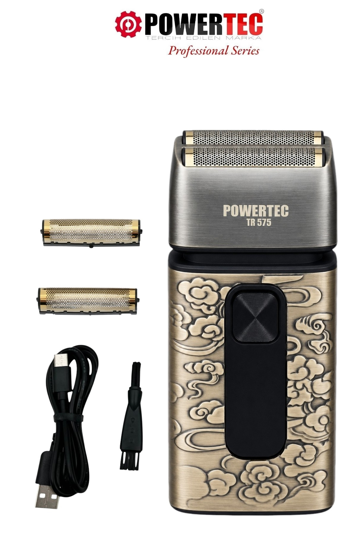 Bulut desenli, altın rengi Powertec tıraş makinesi, aksesuarları, USB kablosu ve fırçası.