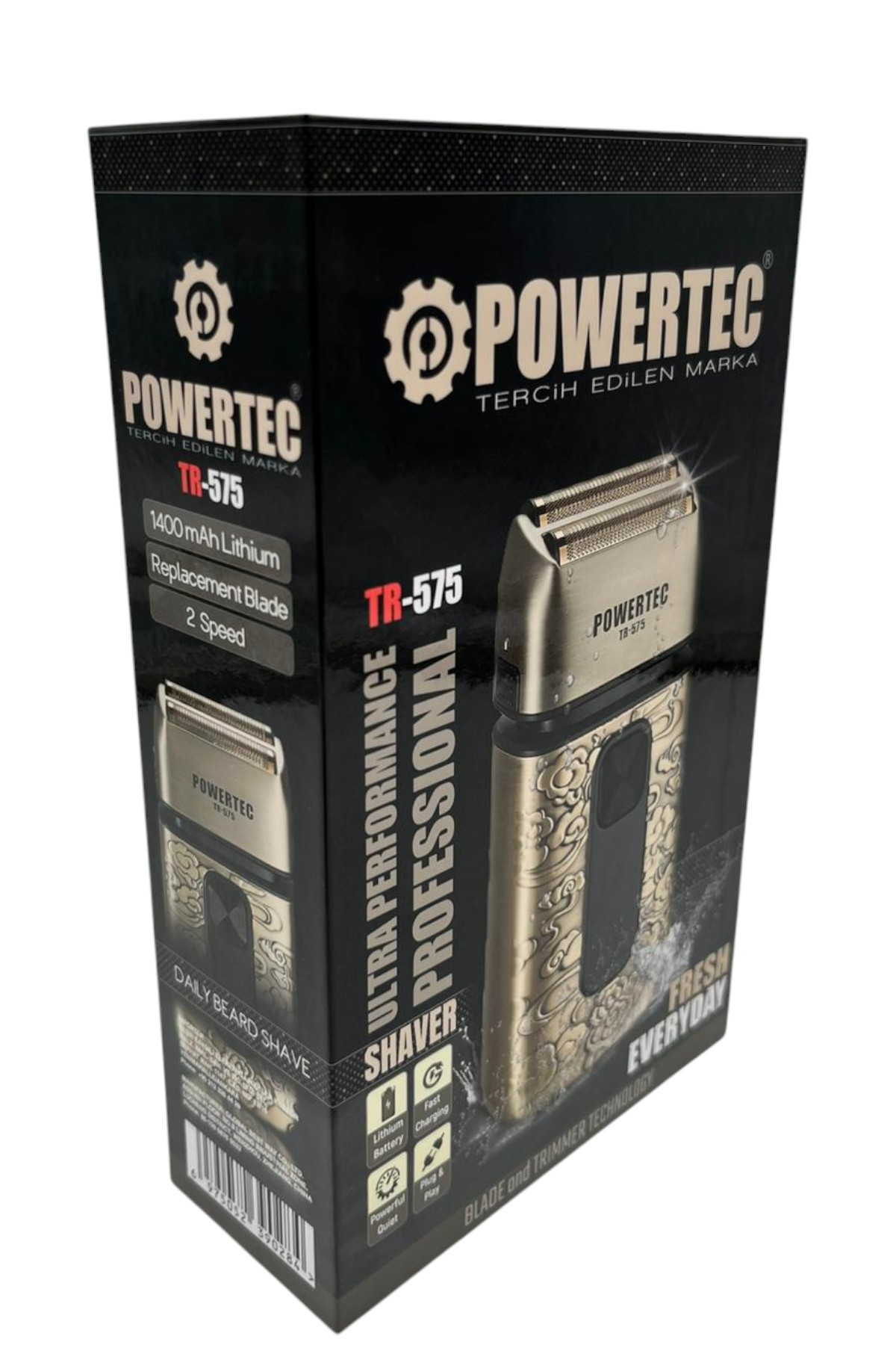 POWERTEC TR-575 tıraş makinesi ambalajı, altın desenli ve detaylı.