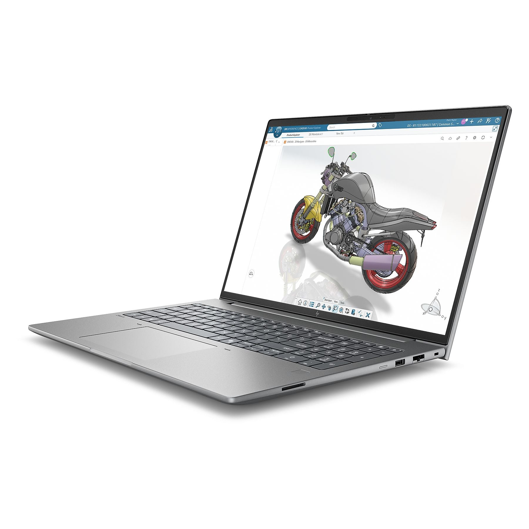 Un laptop che mostra un modello 3D di moto, con tastiera e touchpad.