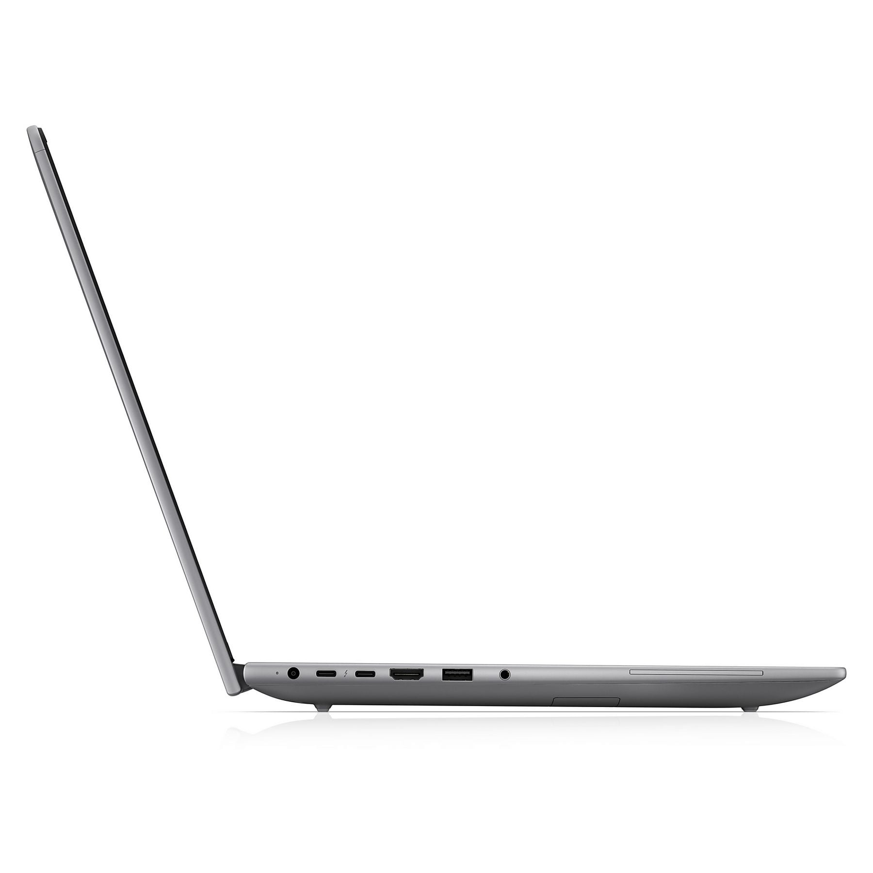 Profilo laptop grigio con porte: audio, USB-C, HDMI, USB-A.