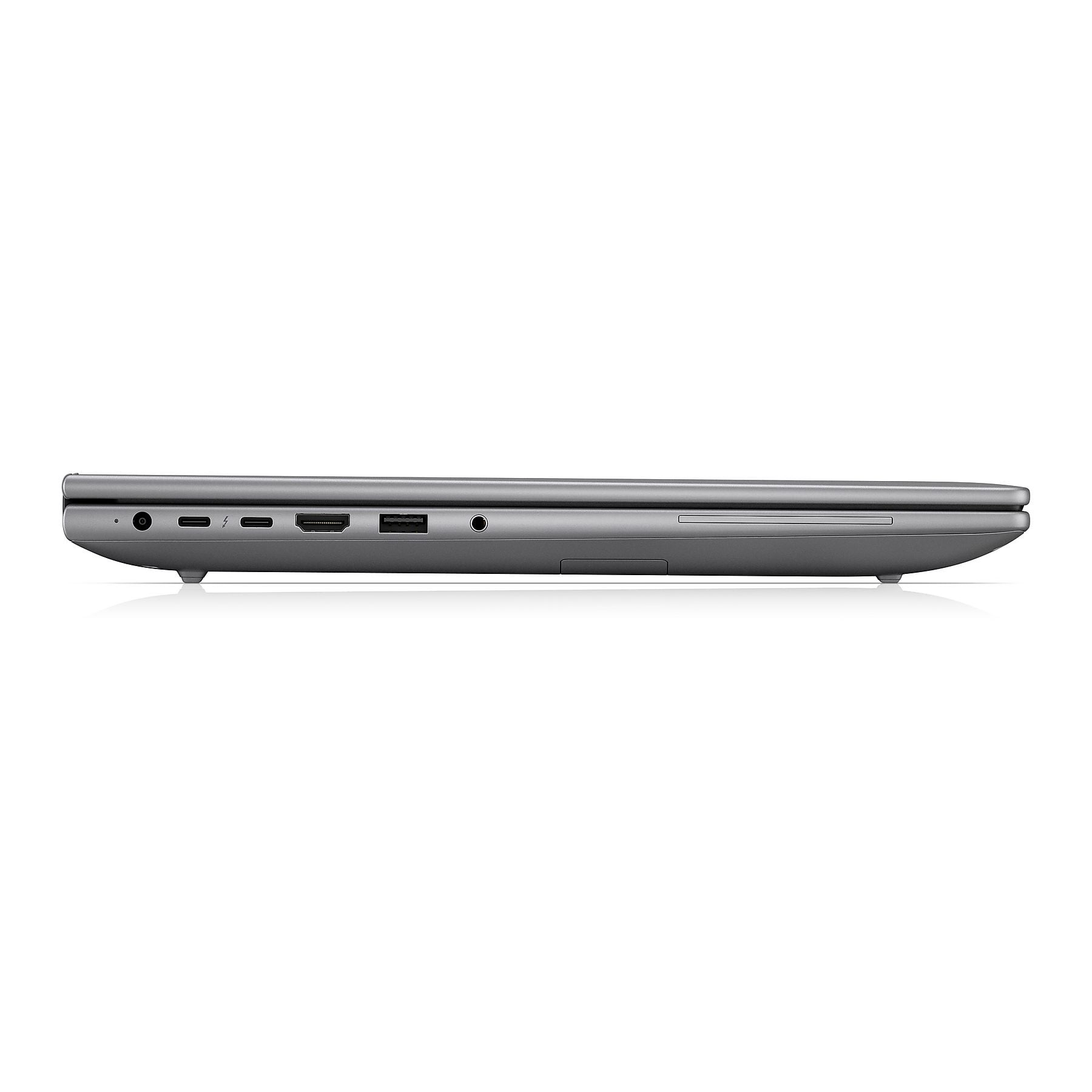 Profilo laptop grigio con porte: USB-C, HDMI, USB-A.