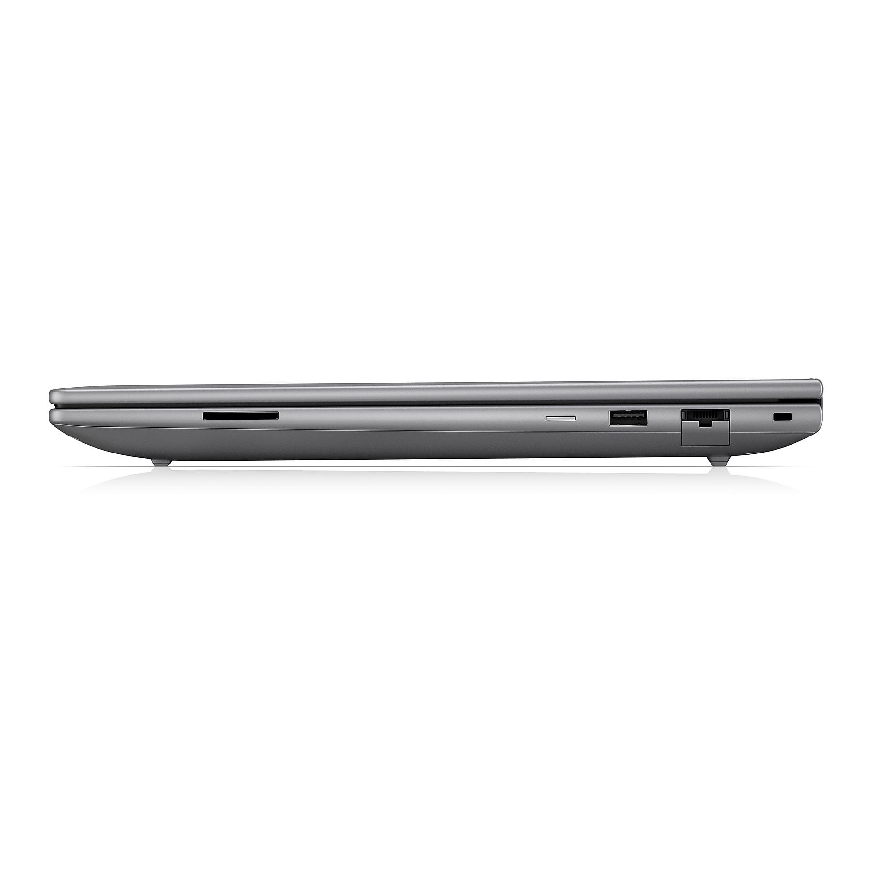 Laptop grigio vista laterale con porte: lettore schede SD, USB, Ethernet.