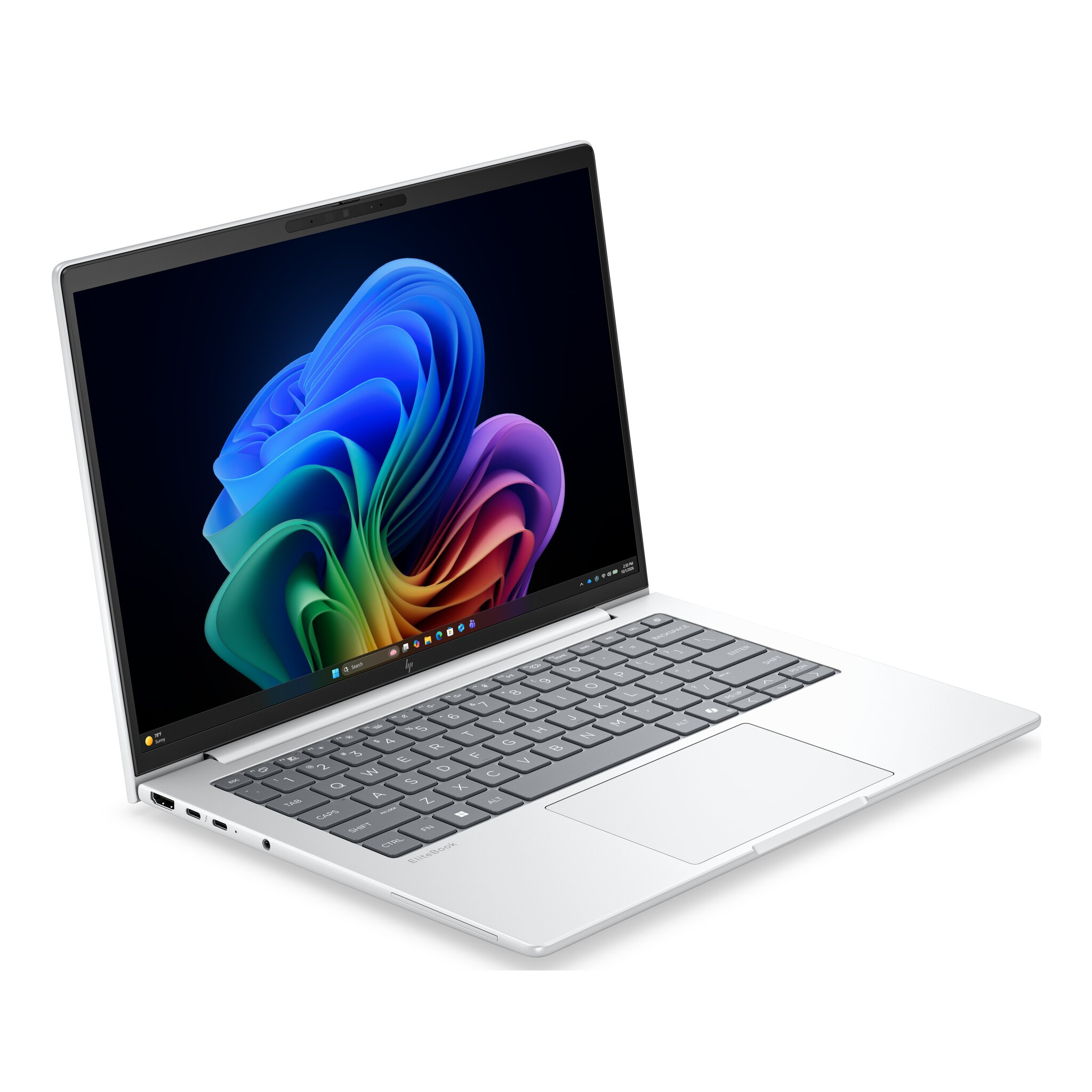 Un laptop HP EliteBook argentato aperto mostra uno sfondo colorato sullo schermo.