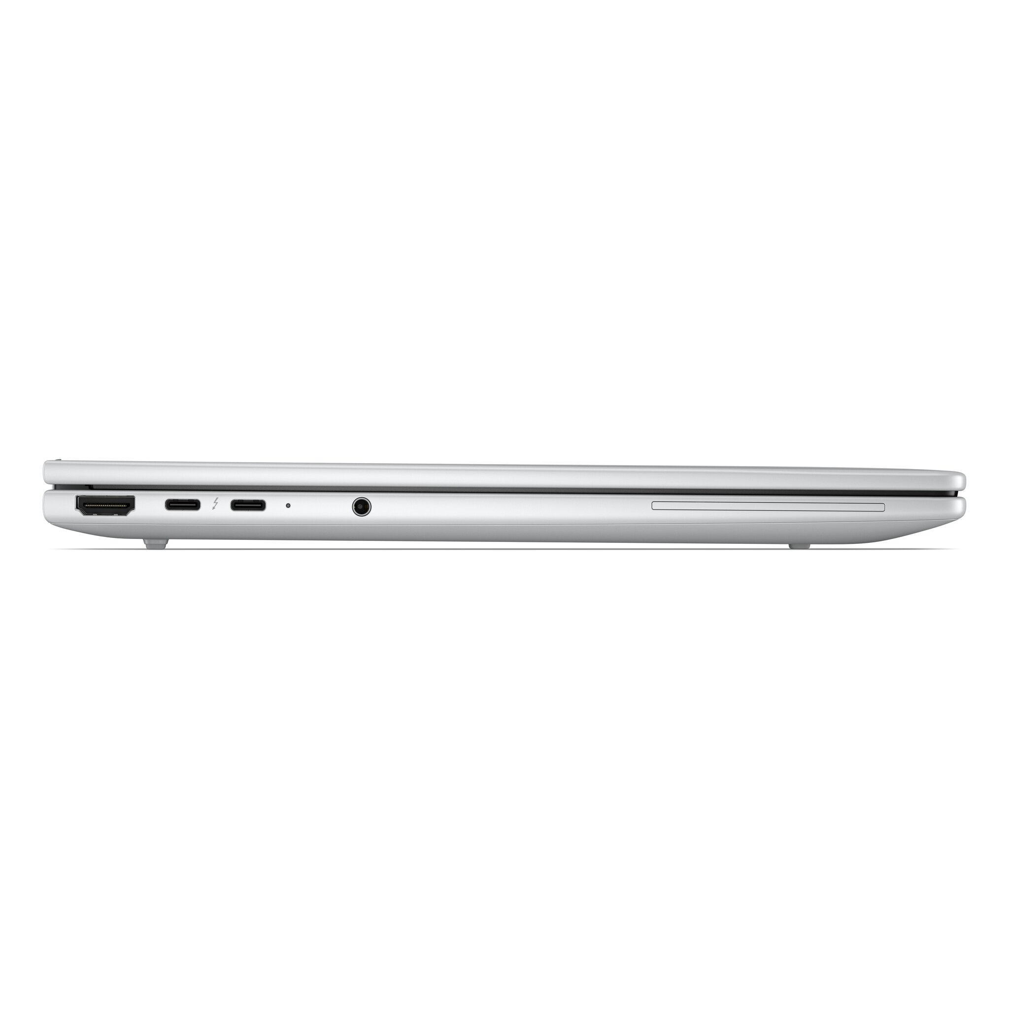 Vista laterale di un laptop argentato chiuso che mostra porte come HDMI e USB-C.