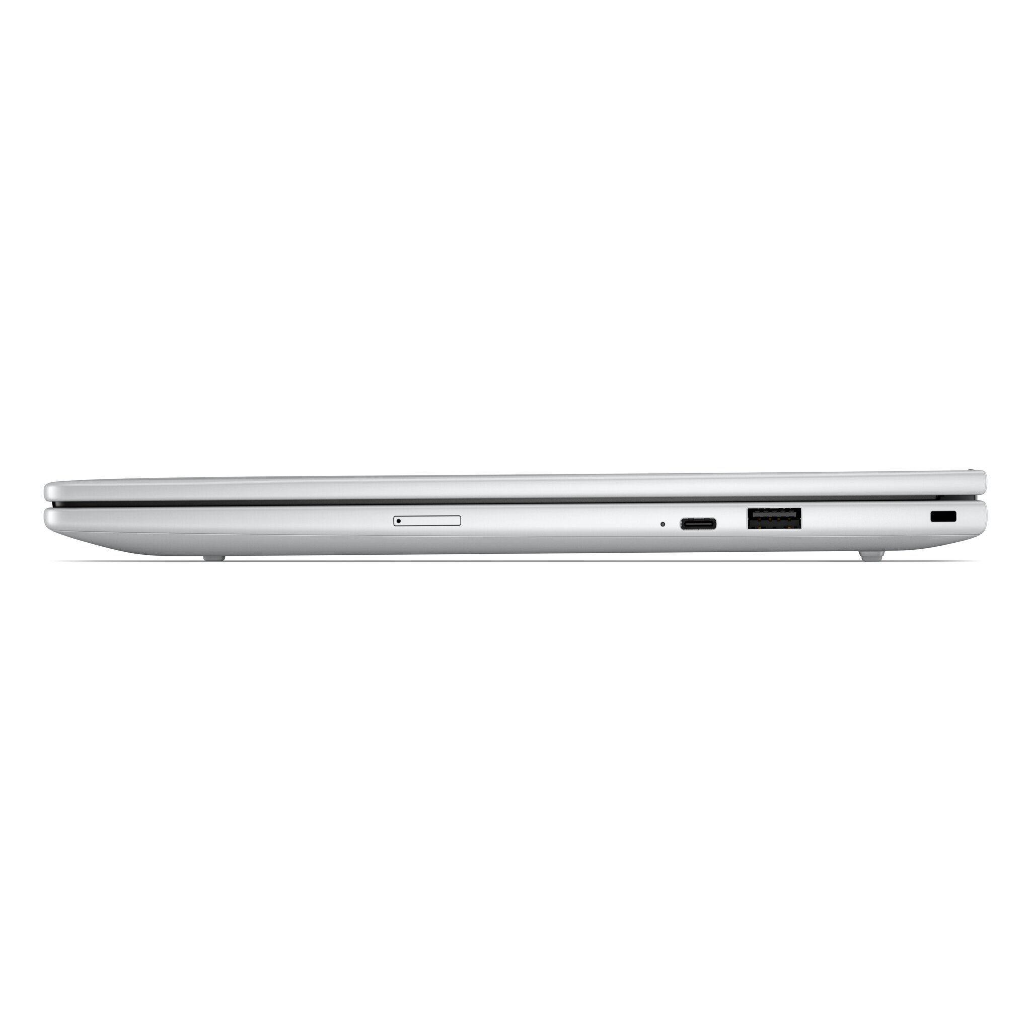 Laptop argento, vista laterale con USB-C, USB-A e slot per schede SD.