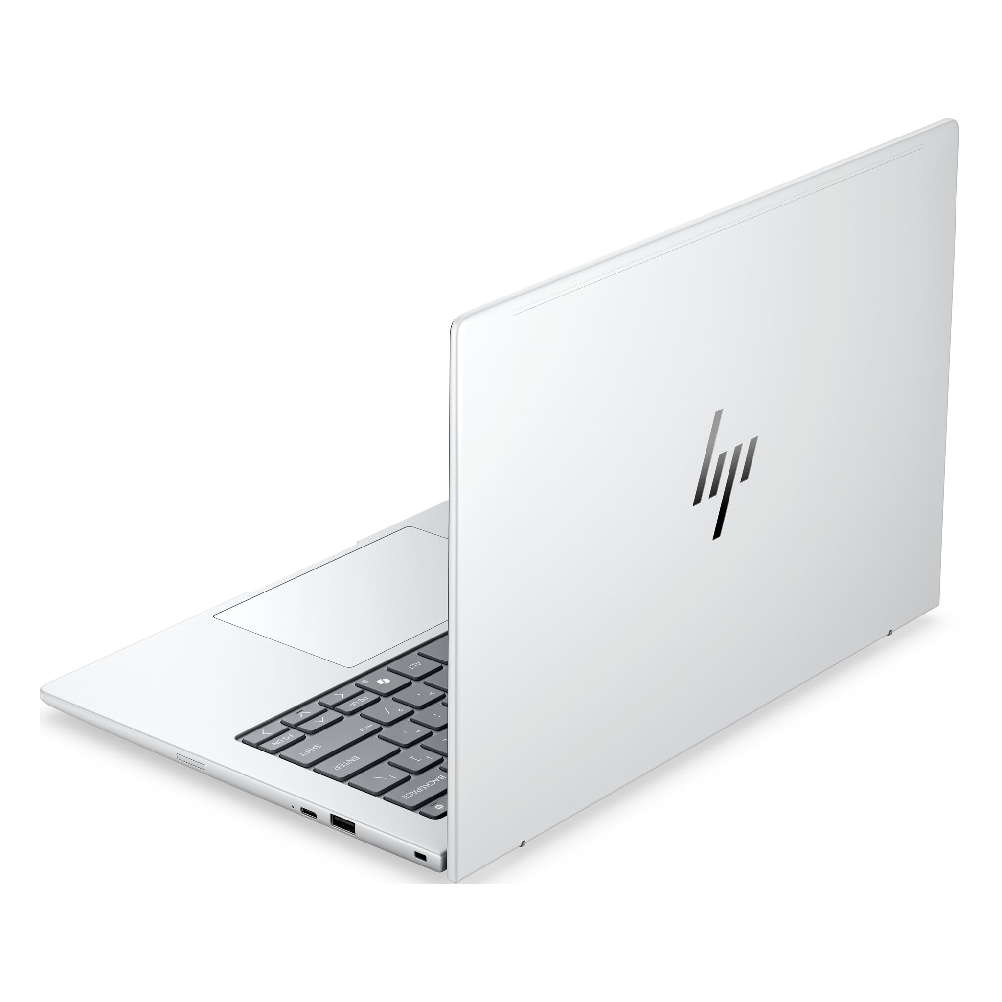 Un laptop HP bianco con tastiera e logo illuminati, visto da tre quarti dall'alto.