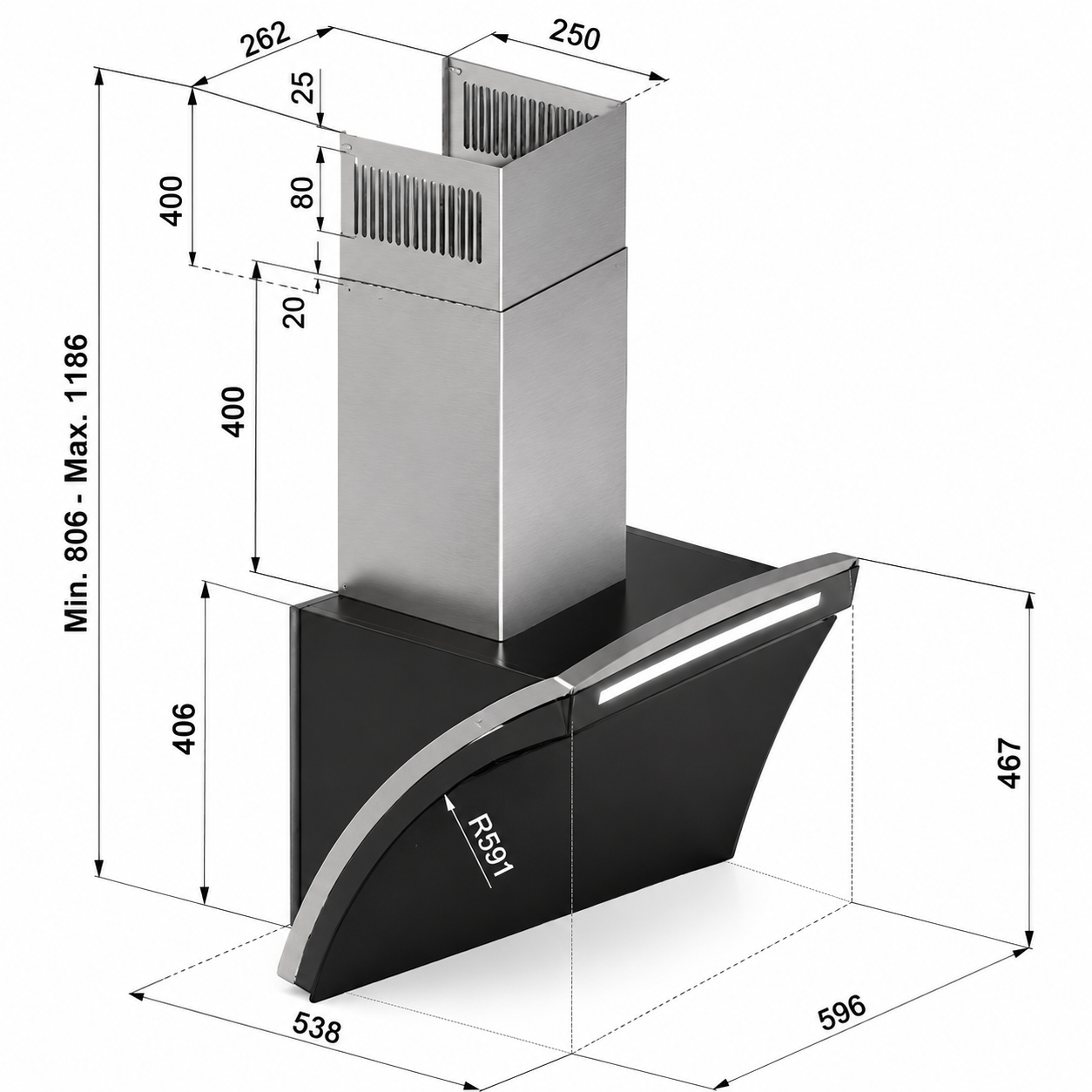 Disegno tecnico di una cappa aspirante nera con canna fumaria in acciaio inox.