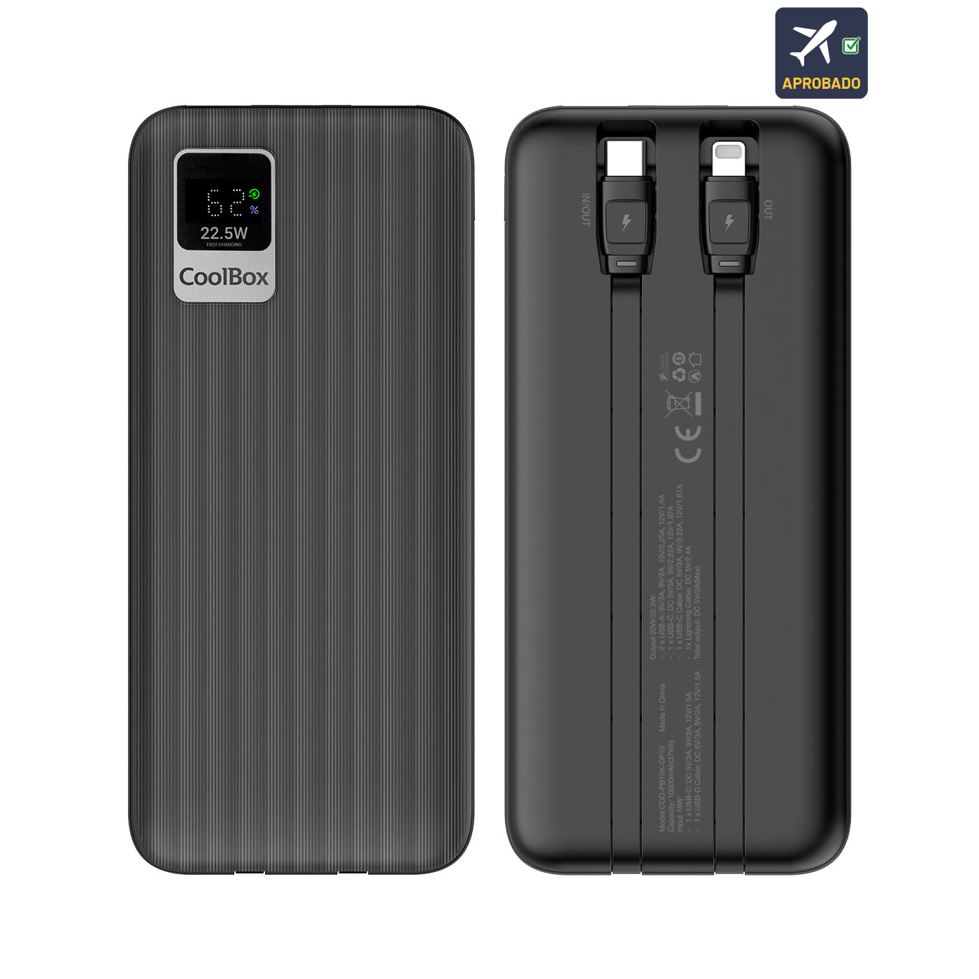 Power bank CoolBox nero con texture a coste, display digitale mostra 62% e ricarica rapida 22.5W.