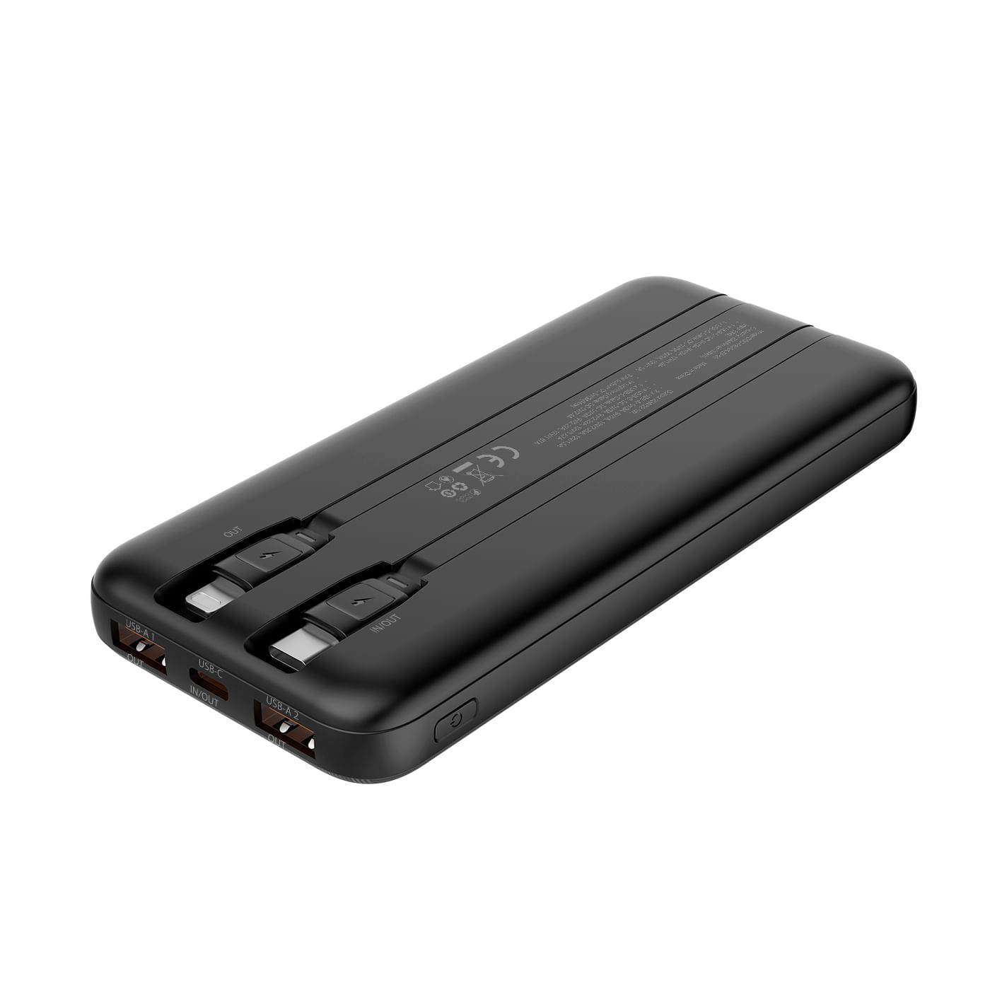 Power bank nera con due porte USB-A, una USB-C e cavi integrati.