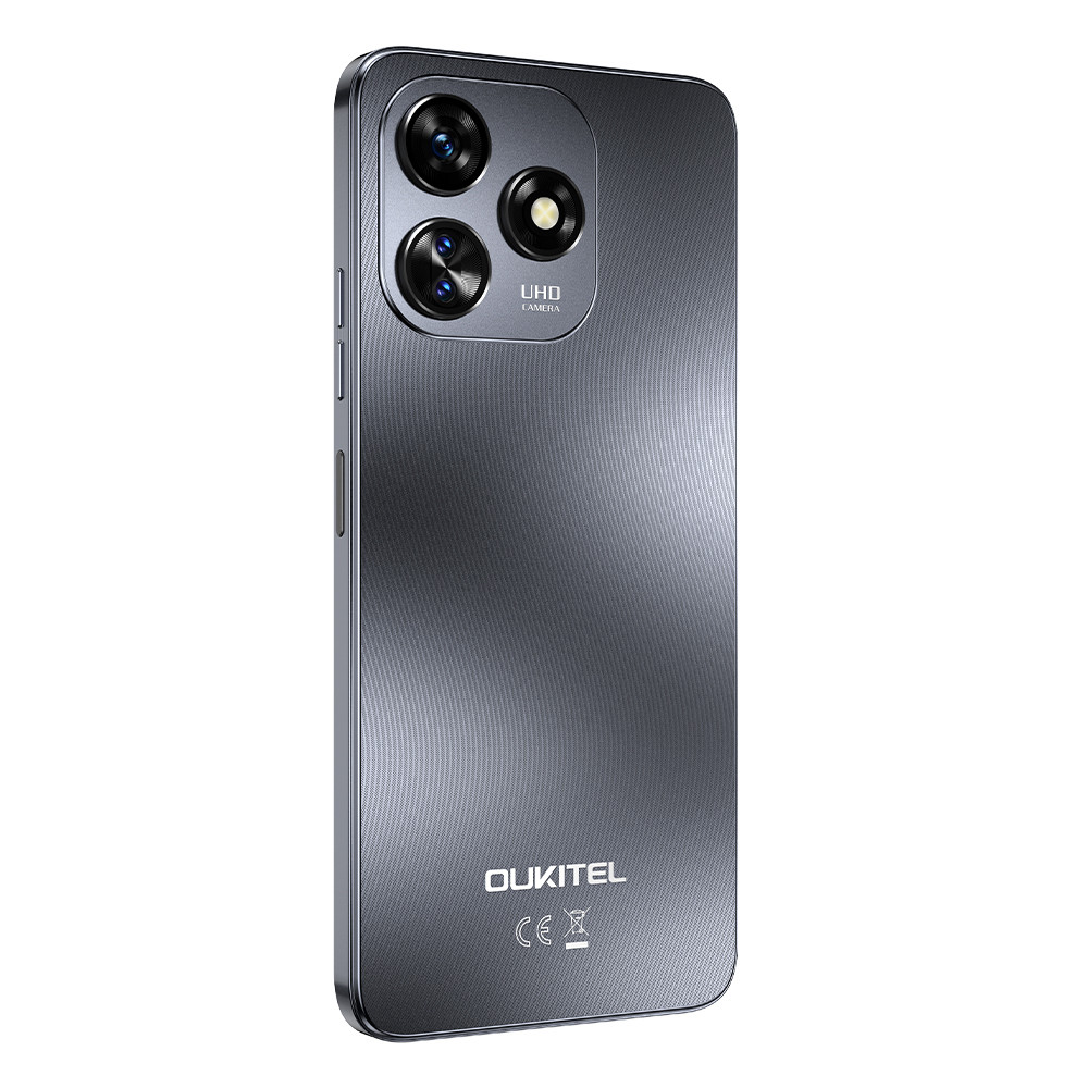 Smartphone grigio con tre fotocamere e logo "OUKITEL".