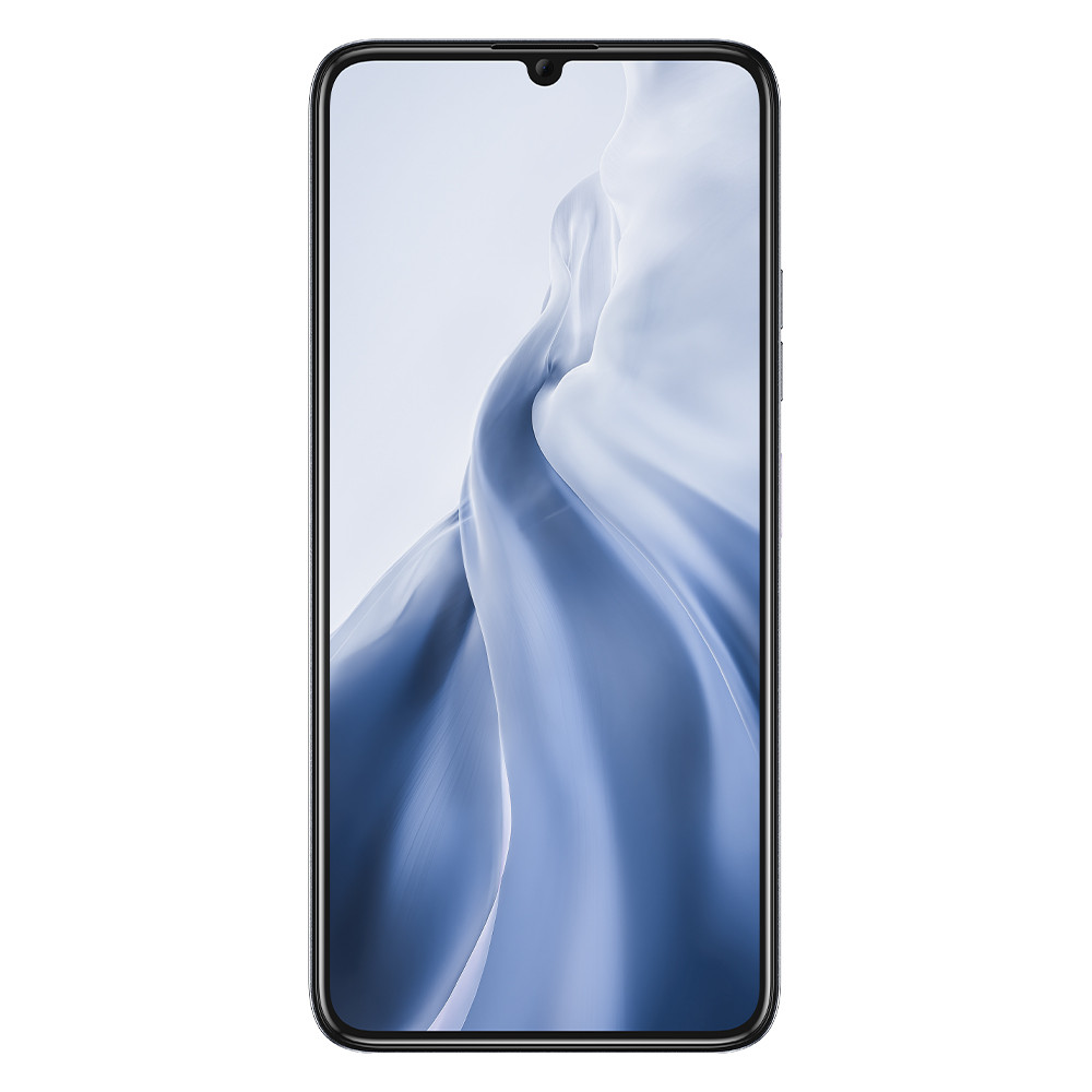 Uno smartphone nero con uno sfondo astratto blu e bianco.