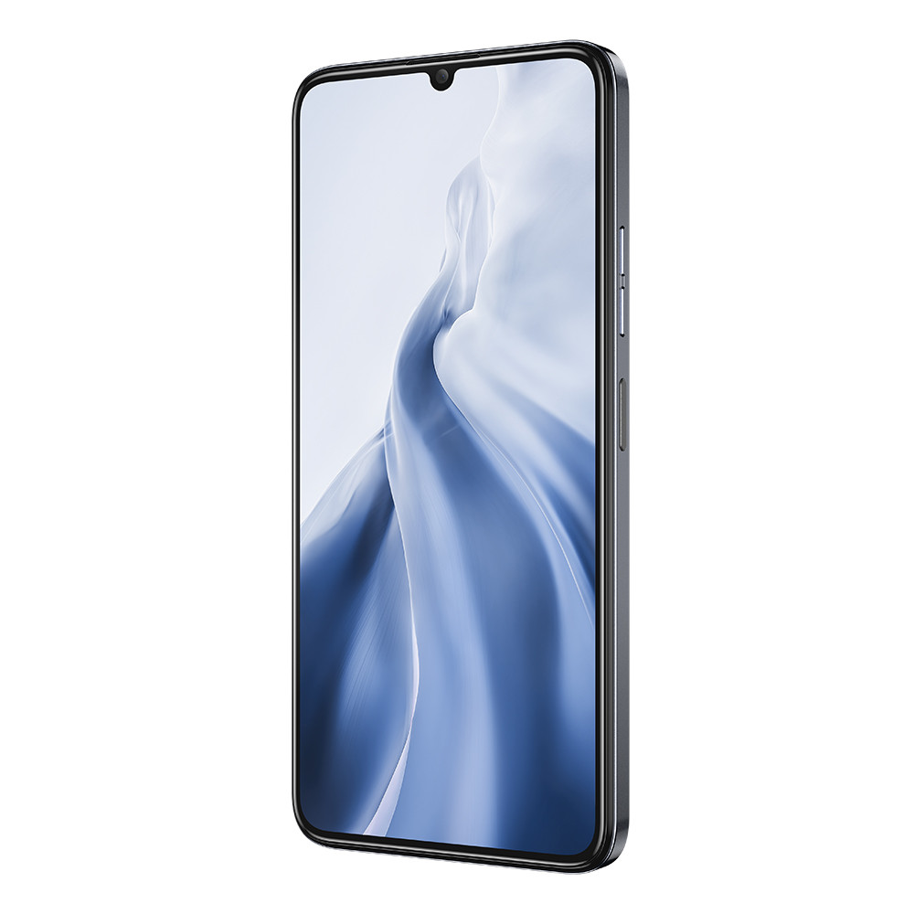 Uno smartphone grigio che visualizza un motivo di tessuto blu sullo schermo.