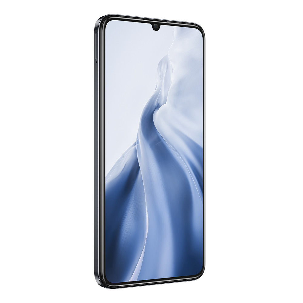 Uno smartphone nero che visualizza un motivo a onde blu sullo schermo.