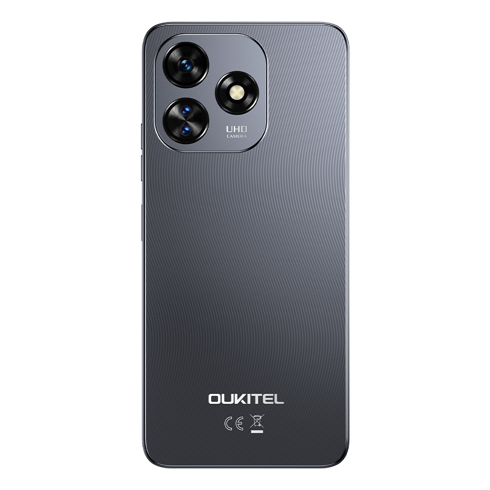 Retro di uno smartphone grigio con tre fotocamere, testo fotocamera UHD e logo OUKITEL.