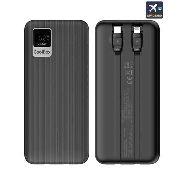 Power bank CoolBox nera con design a coste e display di ricarica.
