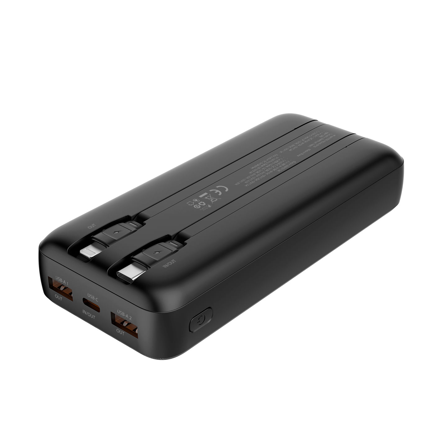 Power bank nera con due cavi estraibili e diverse porte USB.