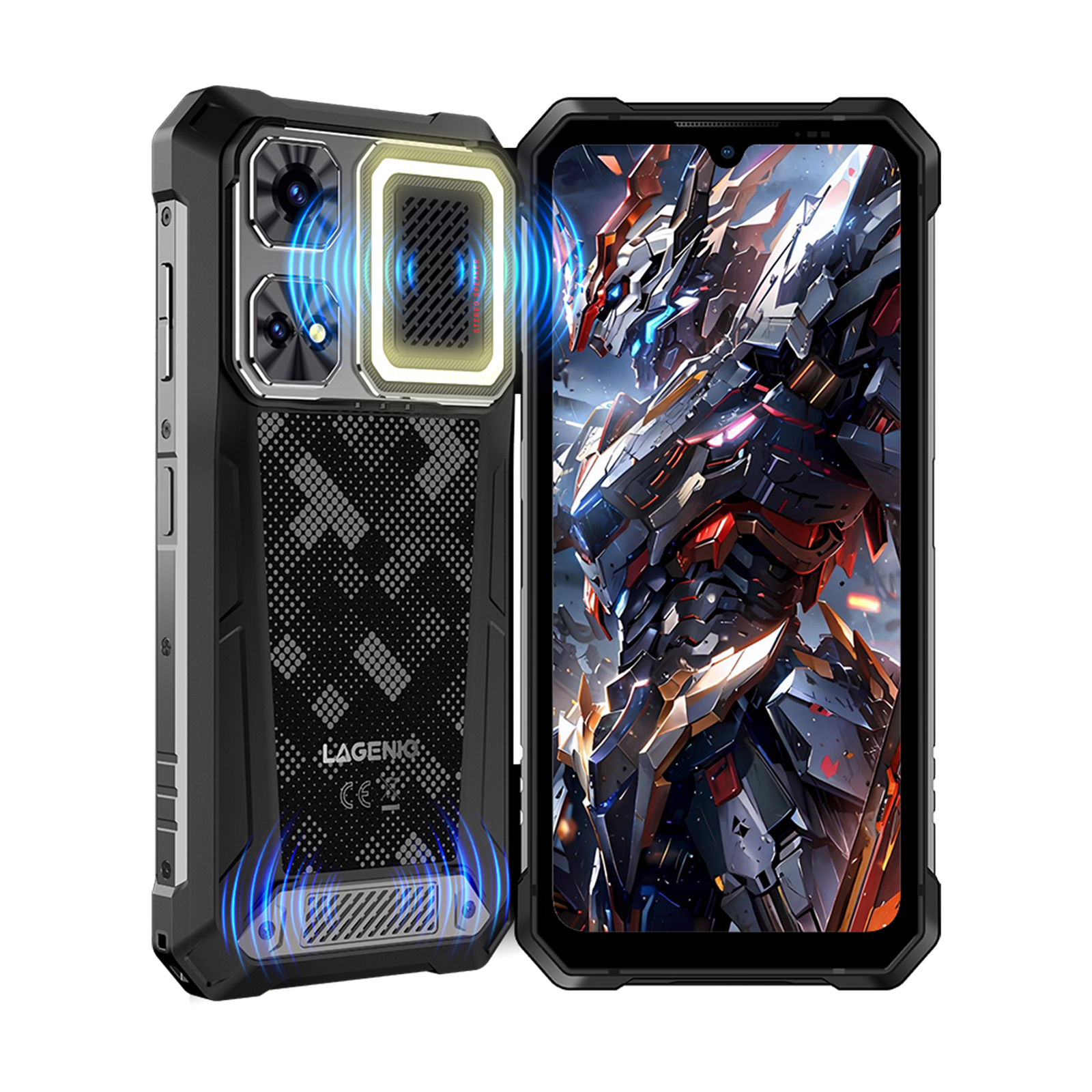 Smartphone robusto con grafica mech sullo schermo e flash.