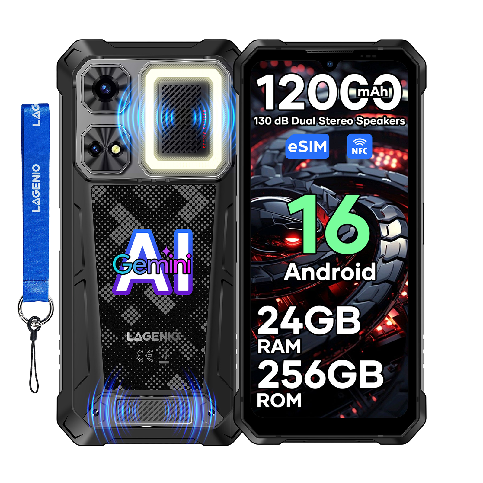 Smartphone robusto AI Gemini, batteria 12000mAh, 24GB RAM, 256GB ROM.