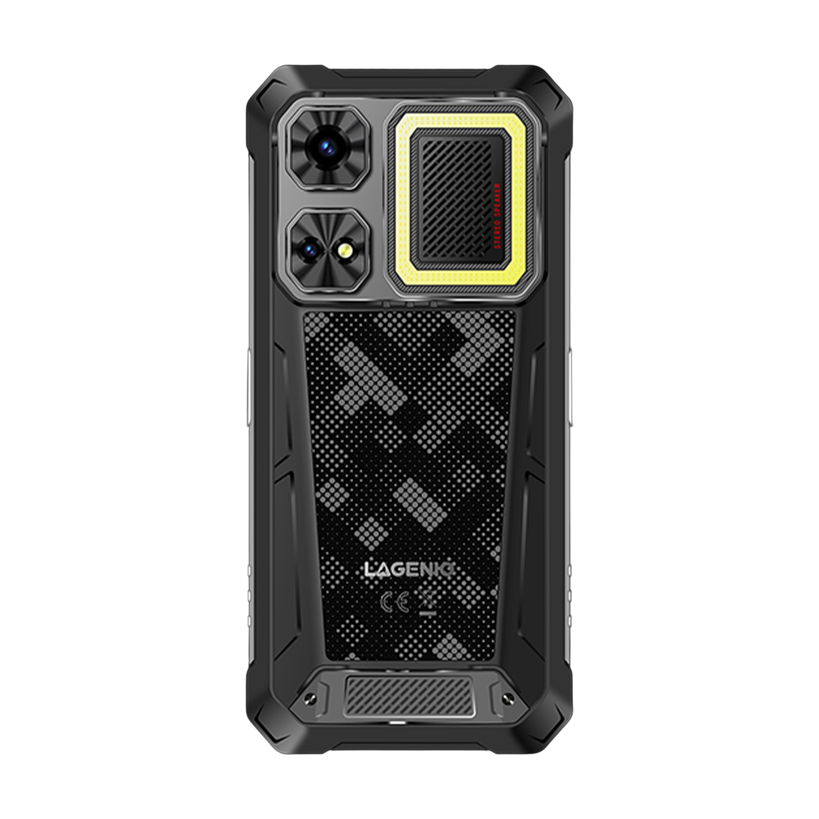 Retro di uno smartphone nero robusto con tre fotocamere e cornice gialla.