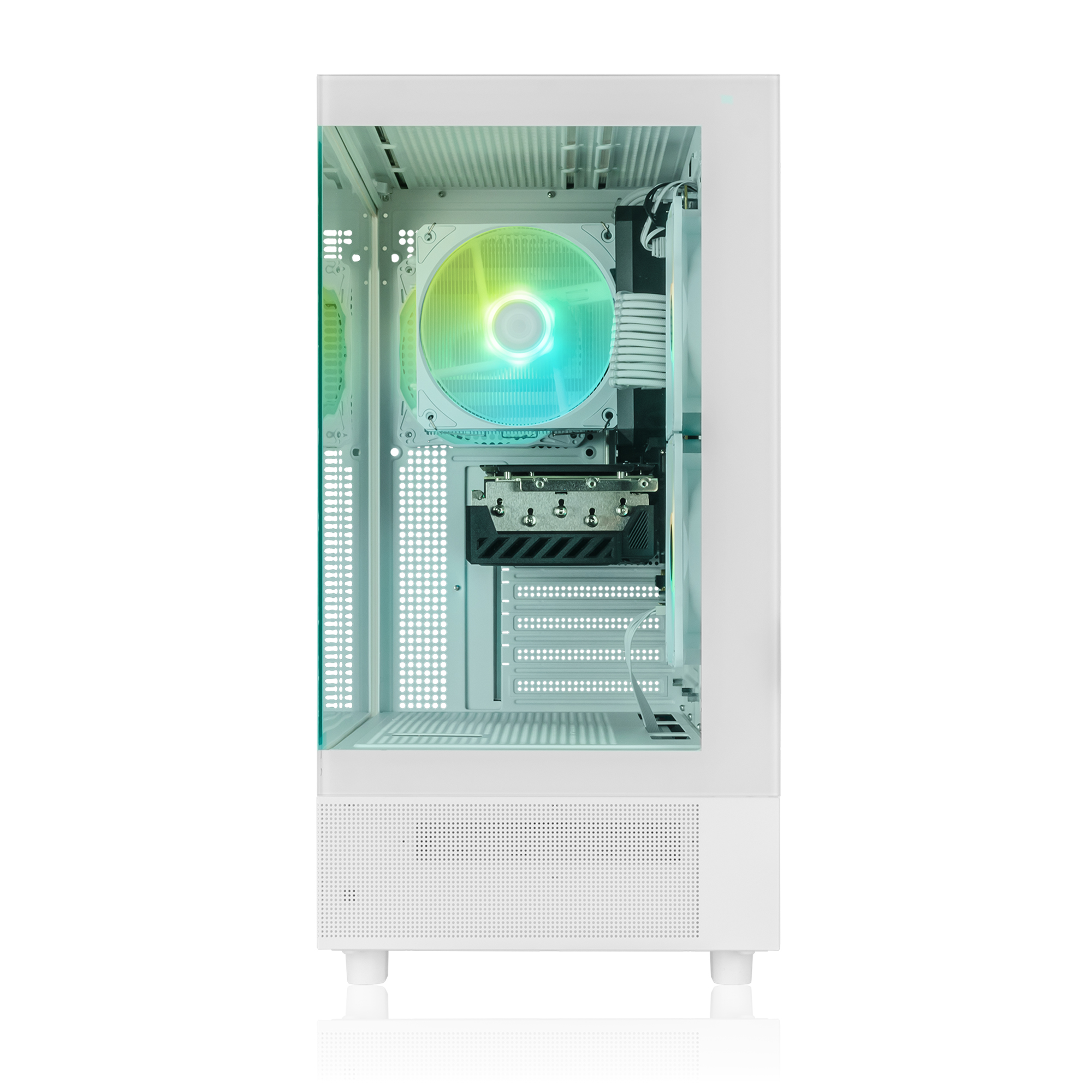 Ein weißes Computergehäuse mit RGB-Lüfter und sichtbaren Komponenten.