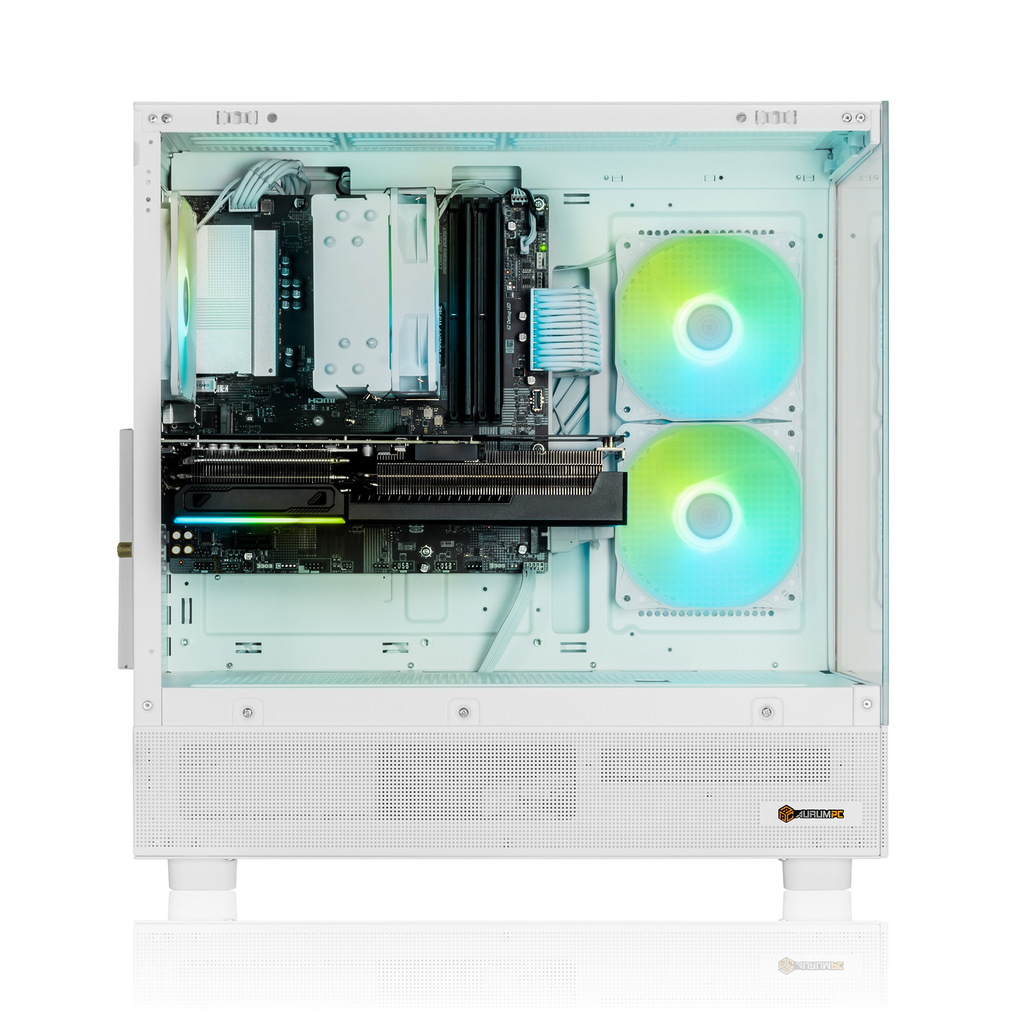 Ein weißes Computergehäuse mit Motherboard, Grafikkarte und Lüftern.