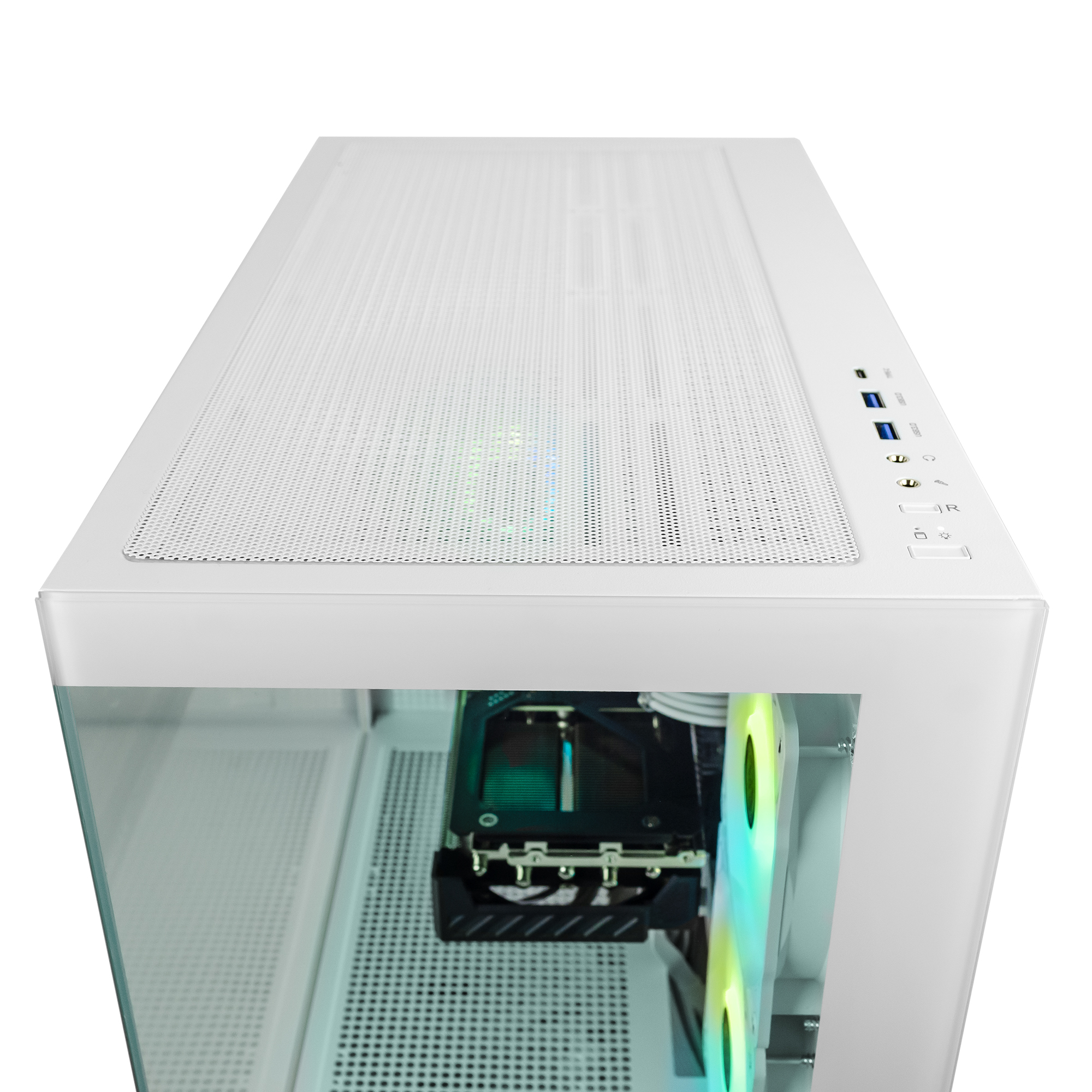 Un case PC bianco con frontale in vetro, ventole e porte superiori.