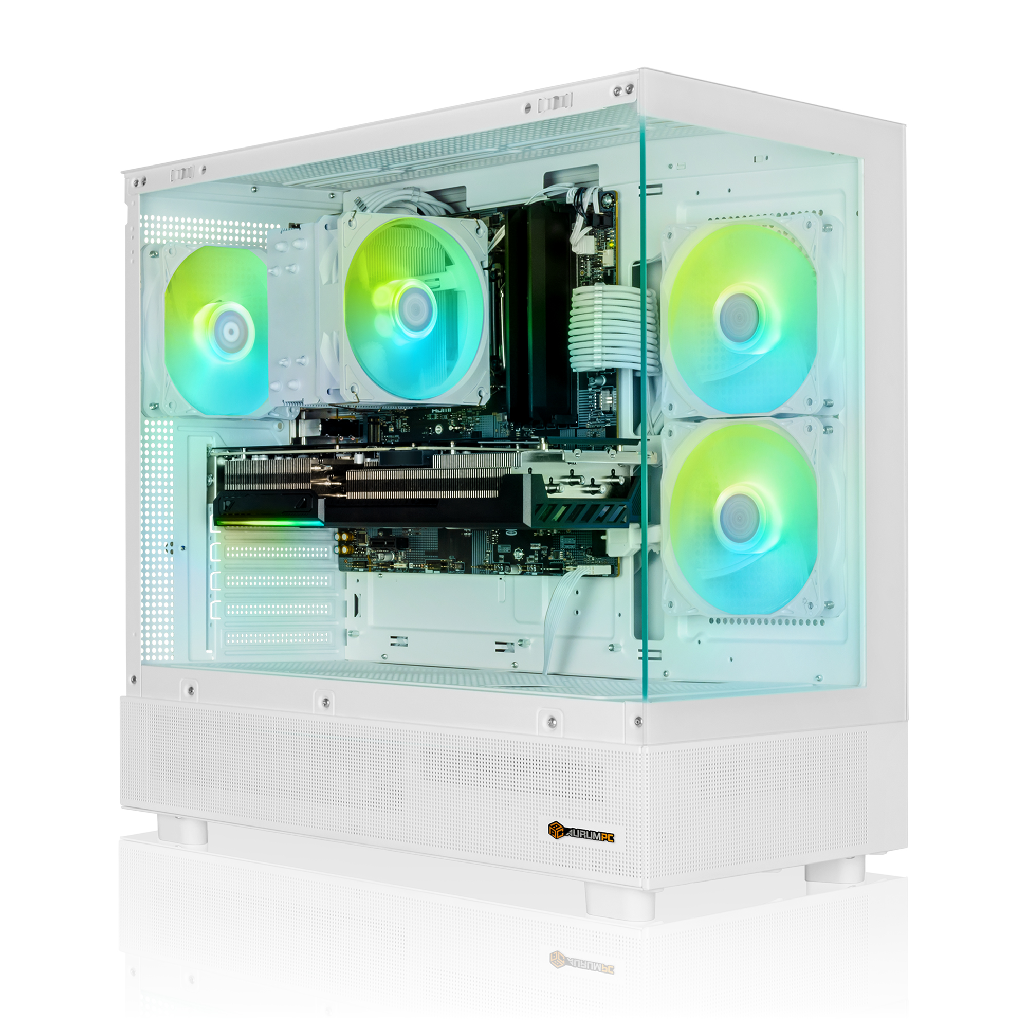Weißes Computergehäuse mit beleuchteten RGB-Lüftern und sichtbaren internen Komponenten.