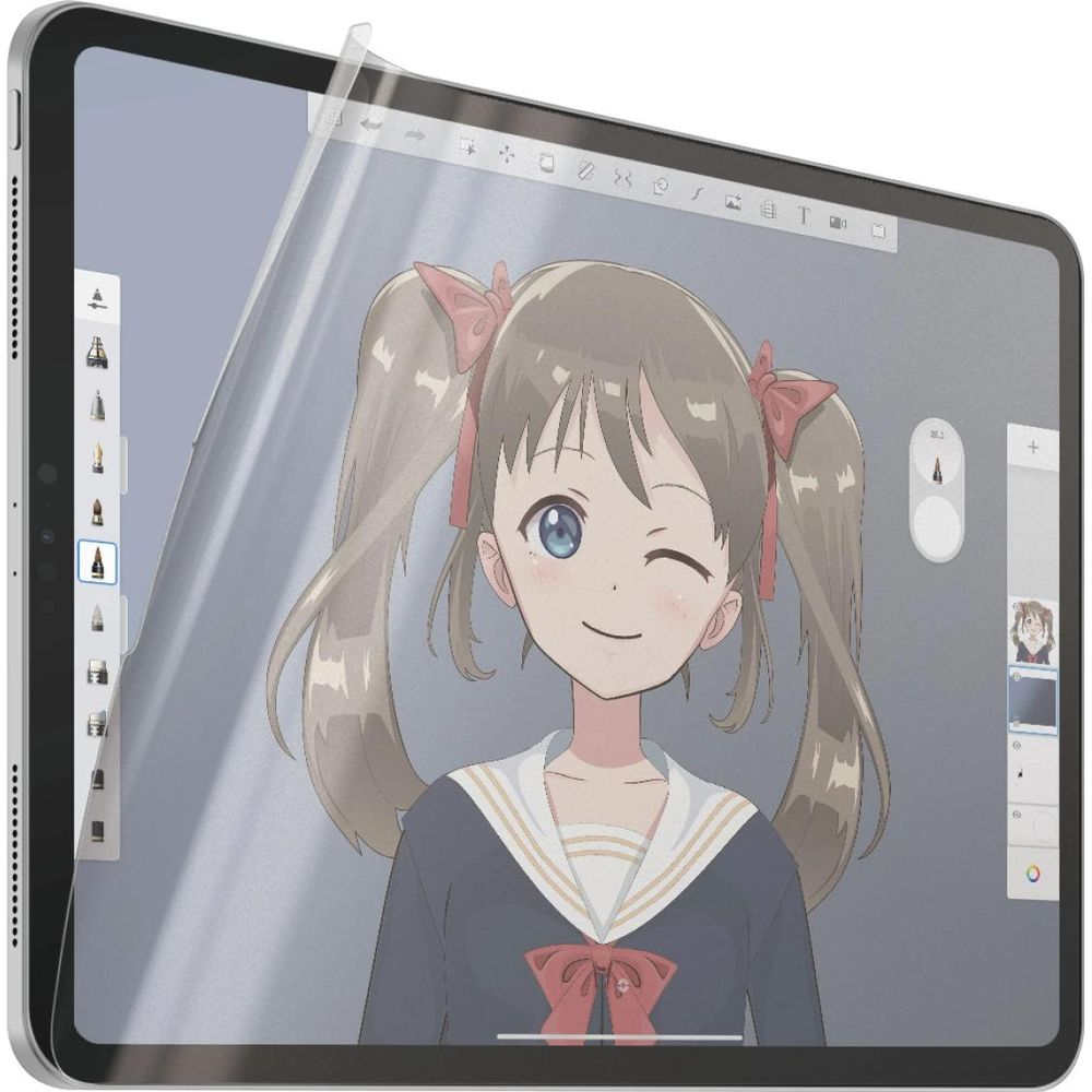 Ragazza anime con codini su un tablet che mostra un'app di disegno.