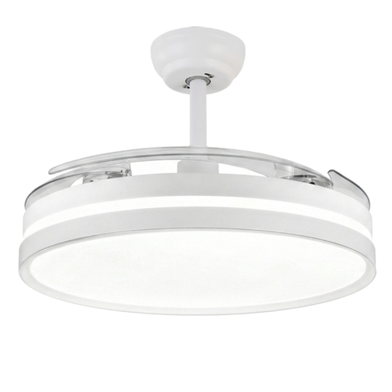 Luz de ventilador de techo blanca con aspas retráctiles y anillo de luz.
