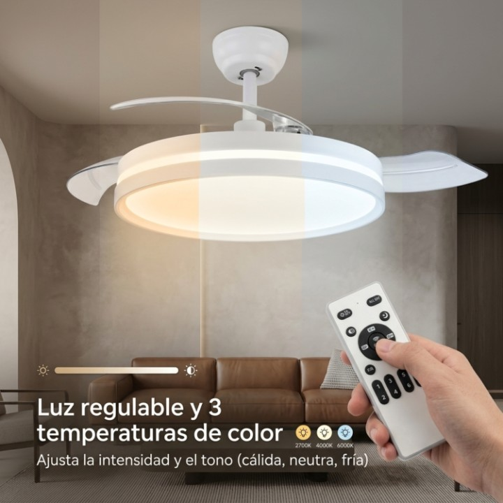 Ventilador de techo moderno con luz y mando, mostrando tres temperaturas de color.