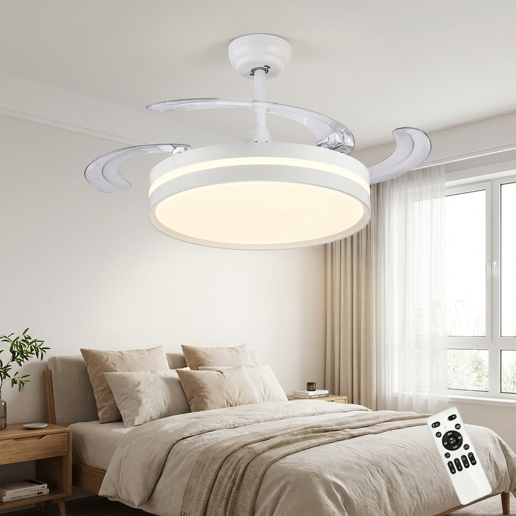 Un ventilador de techo retráctil blanco con luz está instalado sobre una cama.