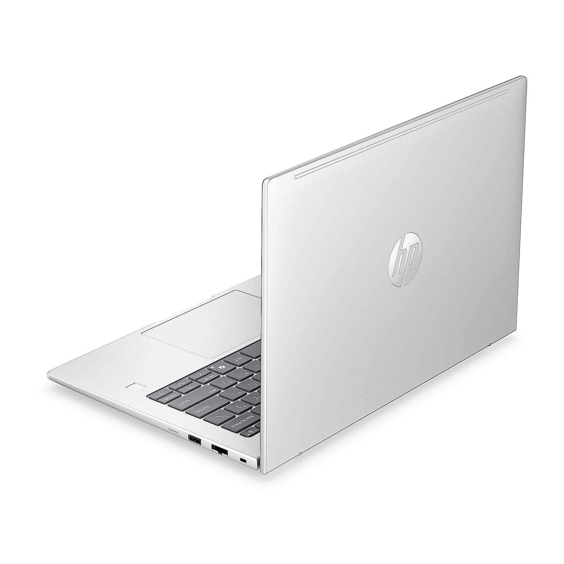Un laptop argento con logo HP sul coperchio, parzialmente aperto.