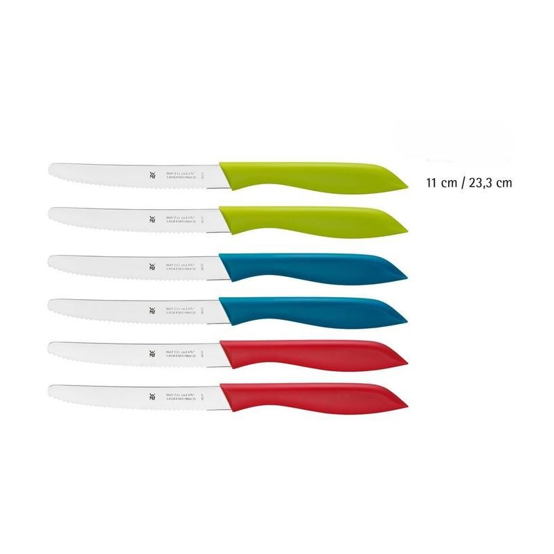 Yeşil, mavi ve kırmızı saplı, 11 cm/23,3 cm ölçülerinde altı tırtıklı bıçak.