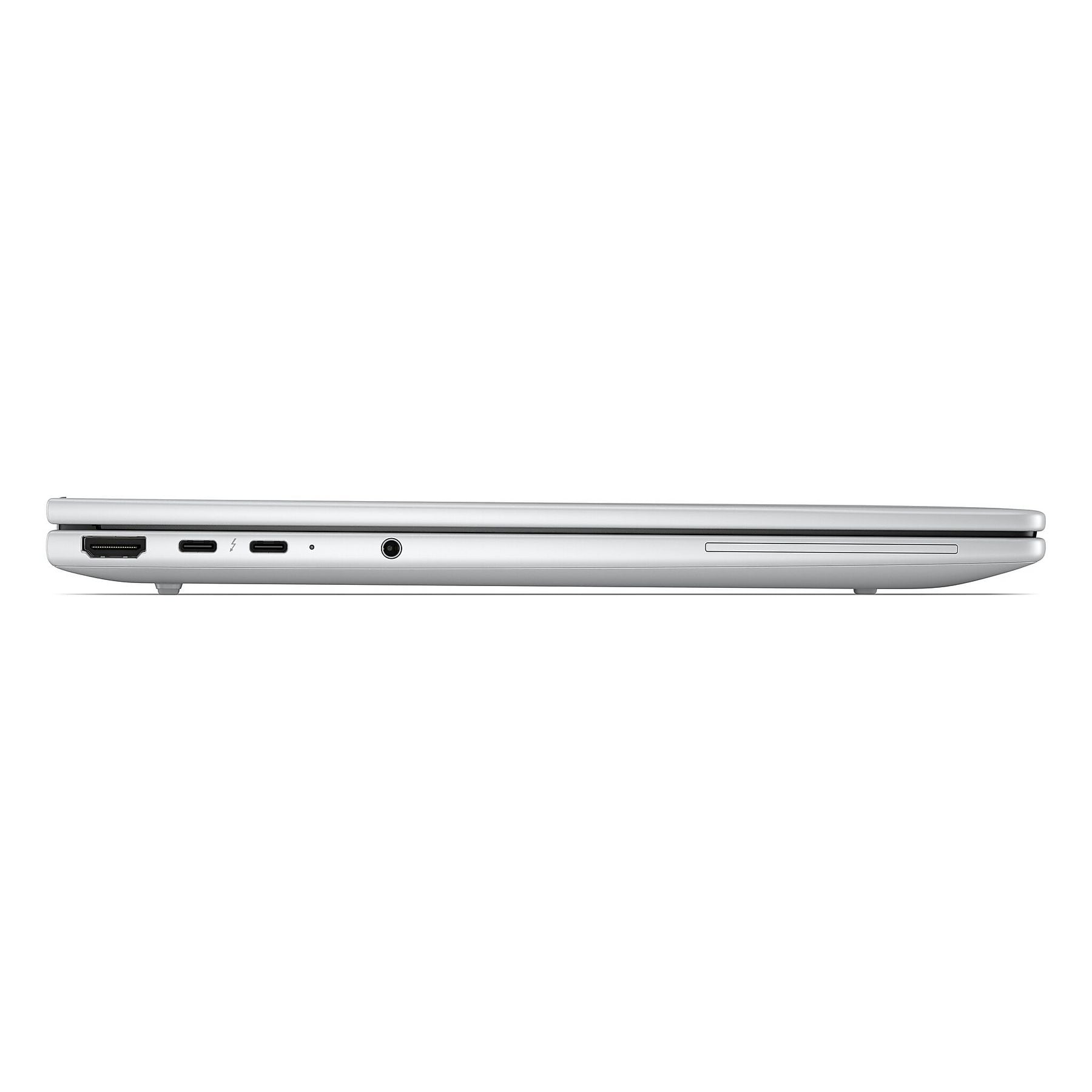Vista laterale di un laptop argentato che mostra le porte: HDMI, Thunderbolt, USB-C, jack cuffie.