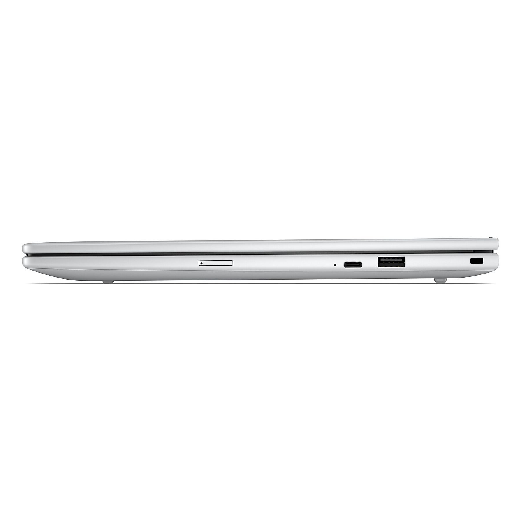 Profilo laptop argento con slot USB e schede SD.
