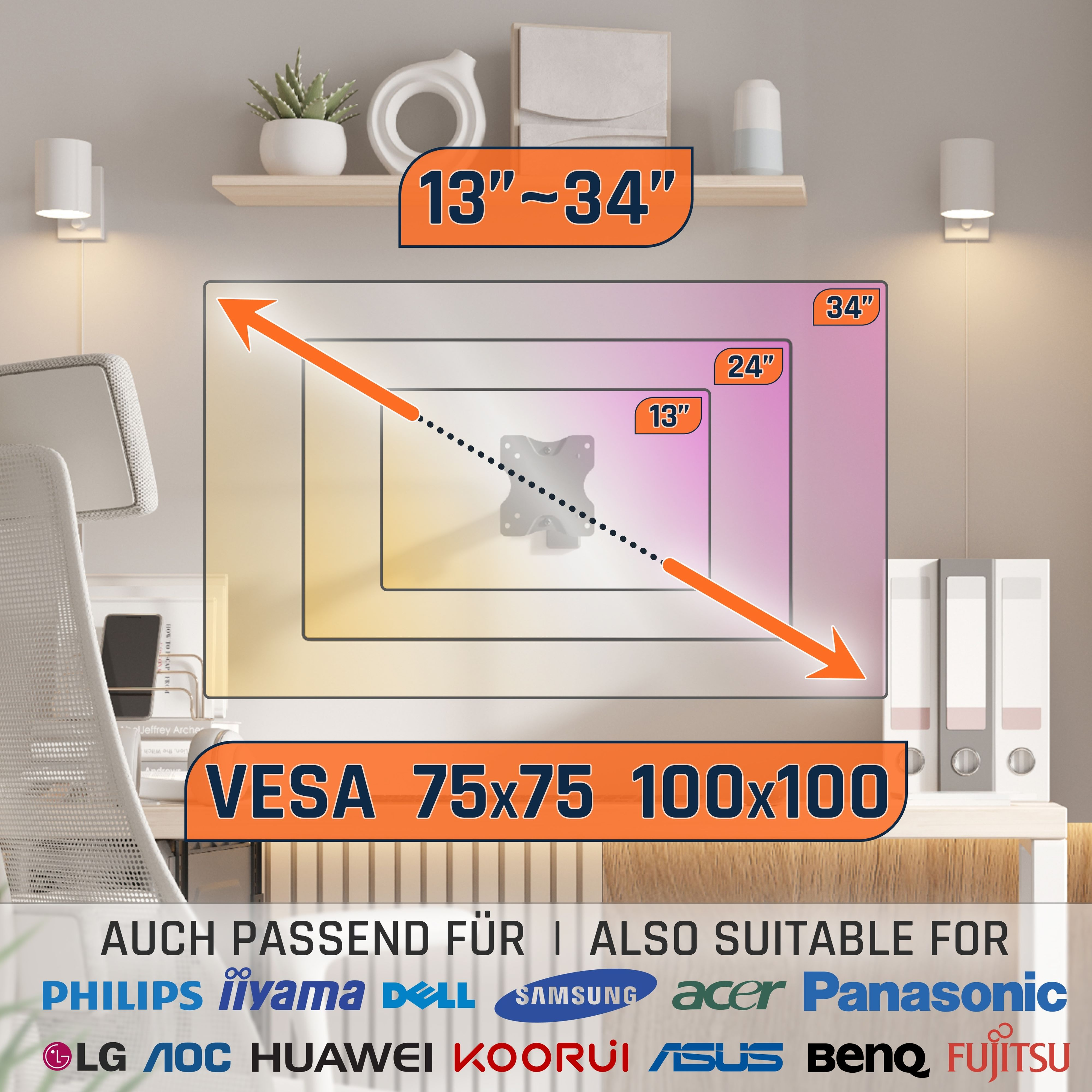 Bildschirmgrößen 13-34 Zoll, VESA 75x75/100x100. Geeignet für viele Marken.