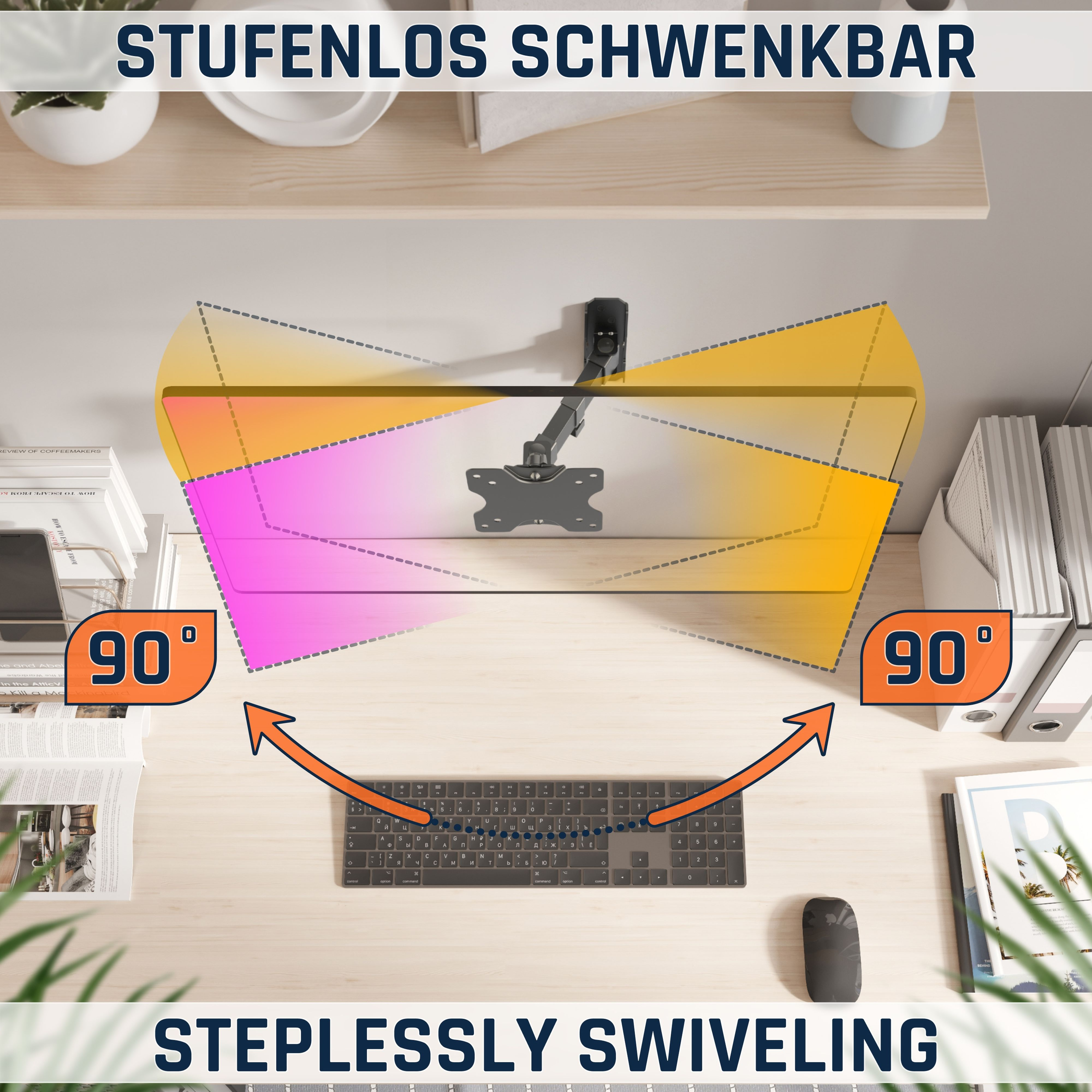 Schreibtisch mit Monitorarm, Tastatur, Maus und Büchern. 90 Grad Schwenkbereich.