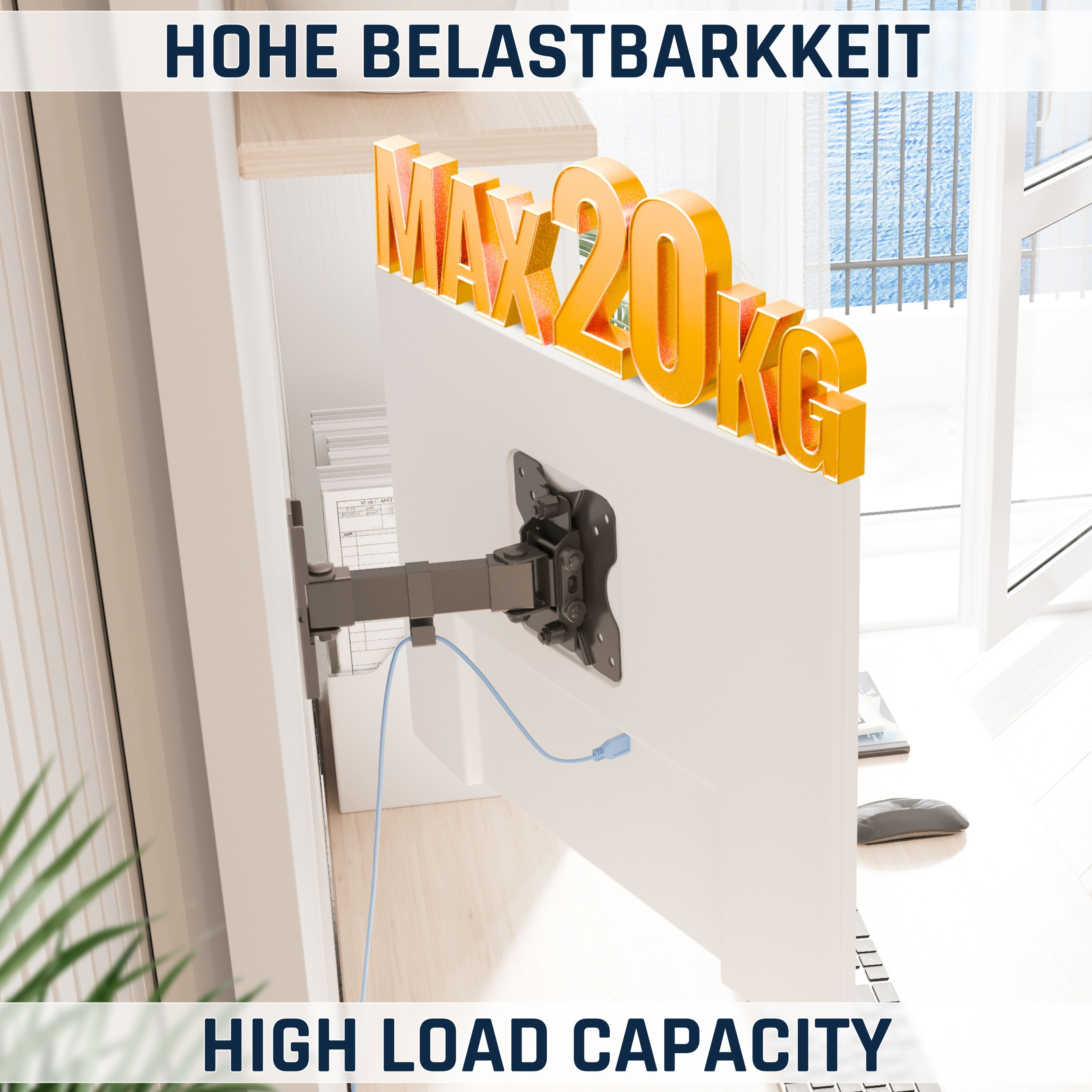 Monitorhalterung mit maximal 20 kg Tragkraft in einem Büro.
