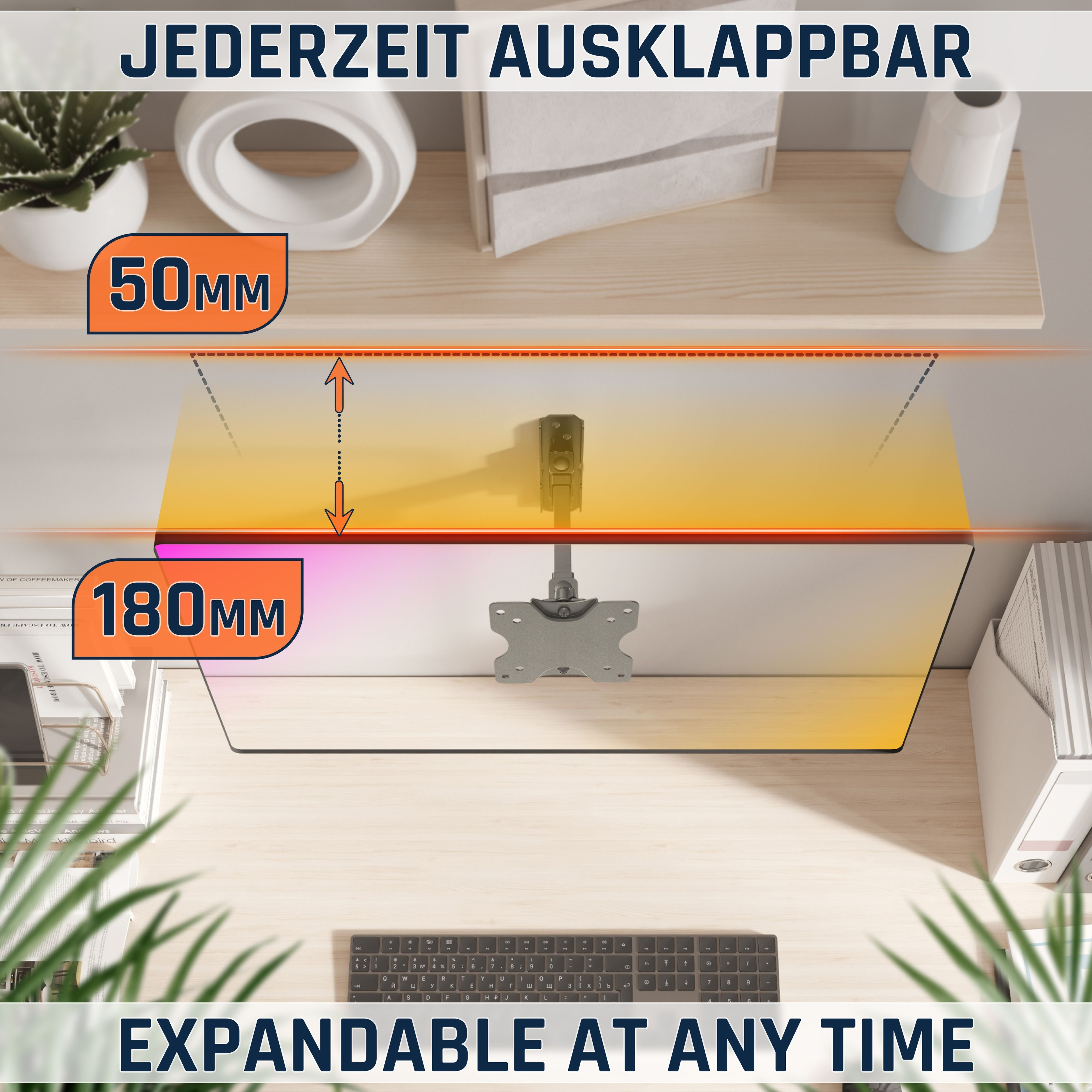 Schreibtisch mit Monitorhalterung, 50mm und 180mm Verstellbereich.