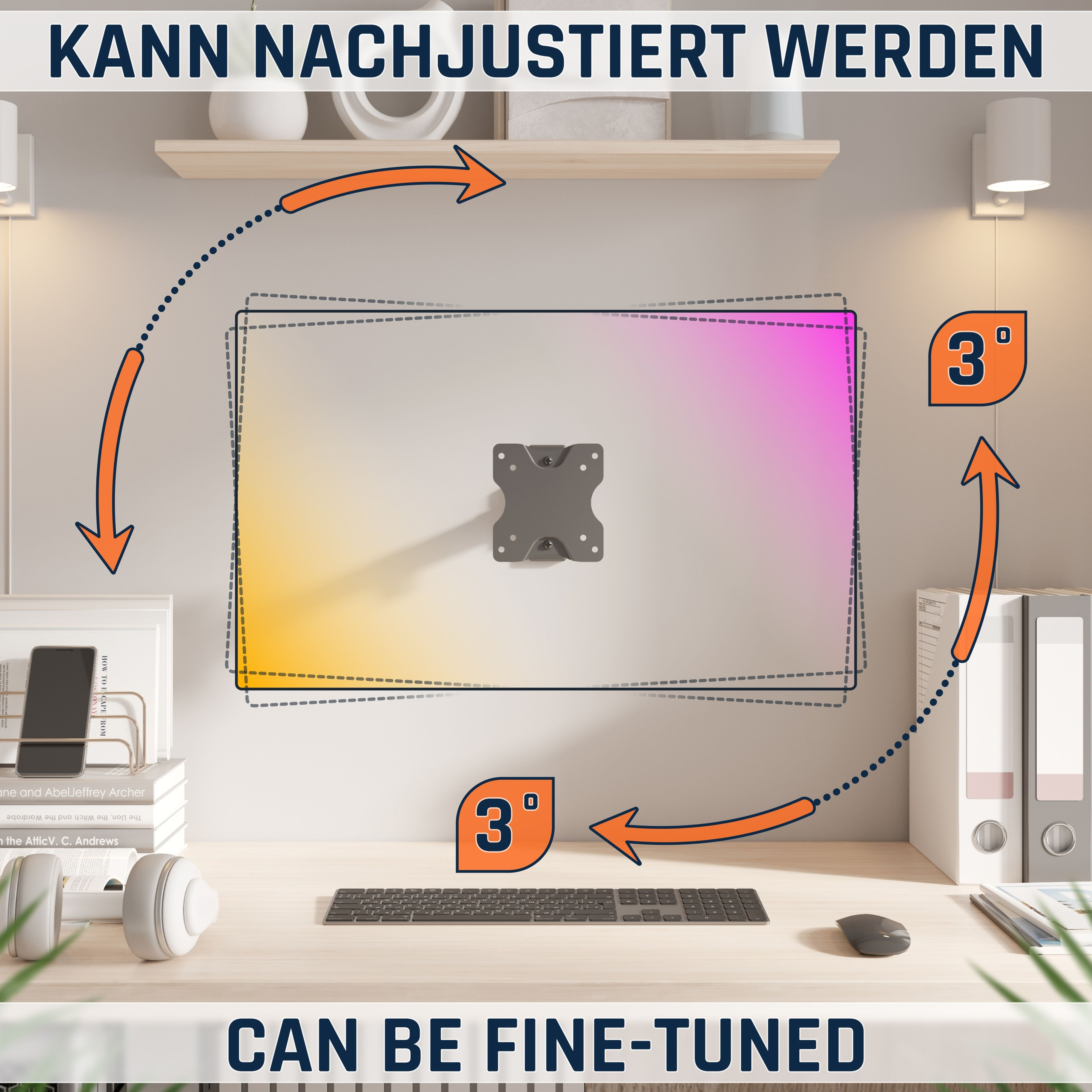 Ein Schreibtisch mit Kopfhörern, Tastatur, Maus und Büchern. Eine Wandhalterung ist zu sehen.