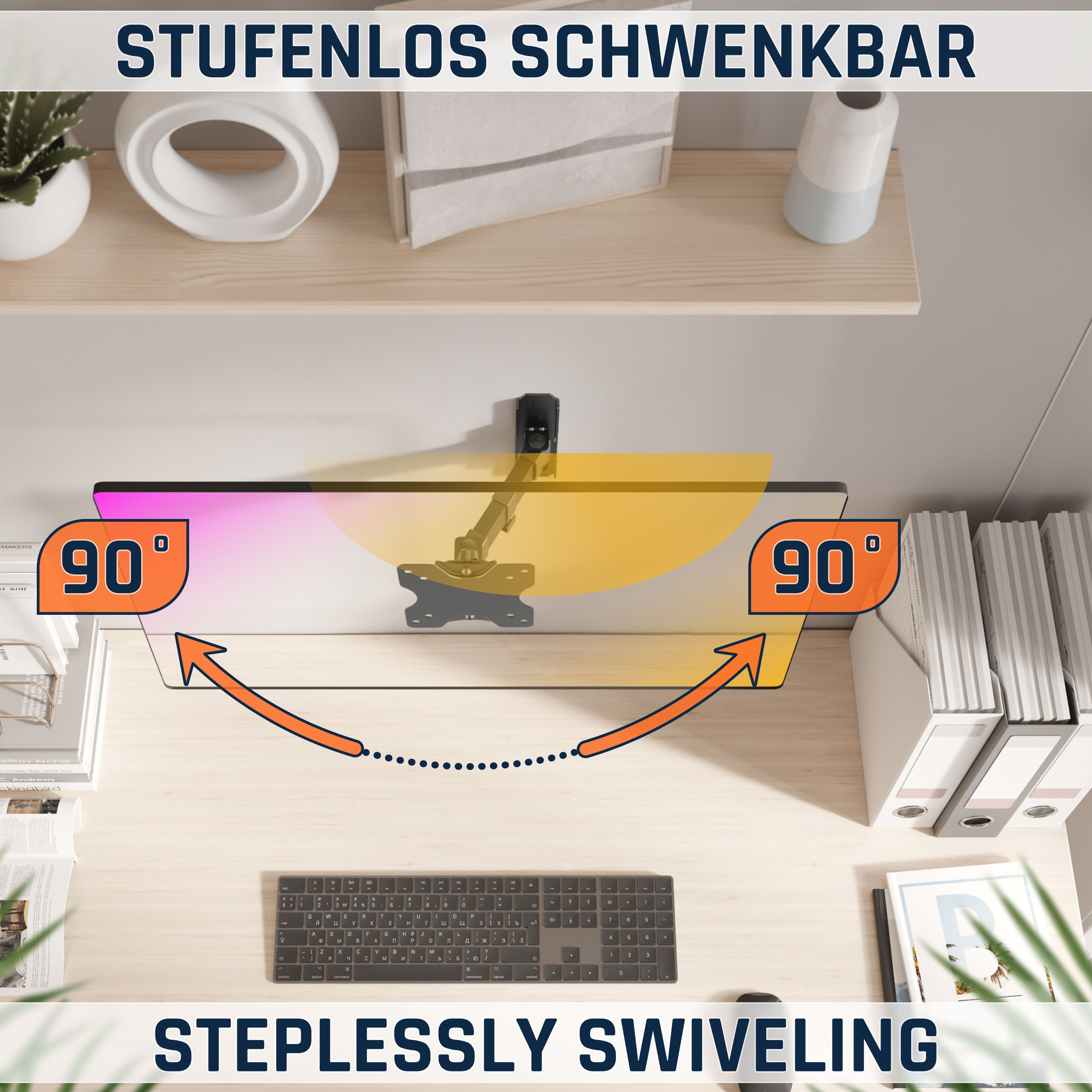 Schreibtisch mit Monitorarm, Tastatur und Büchern. Text: Stufenlos schwenkbar.