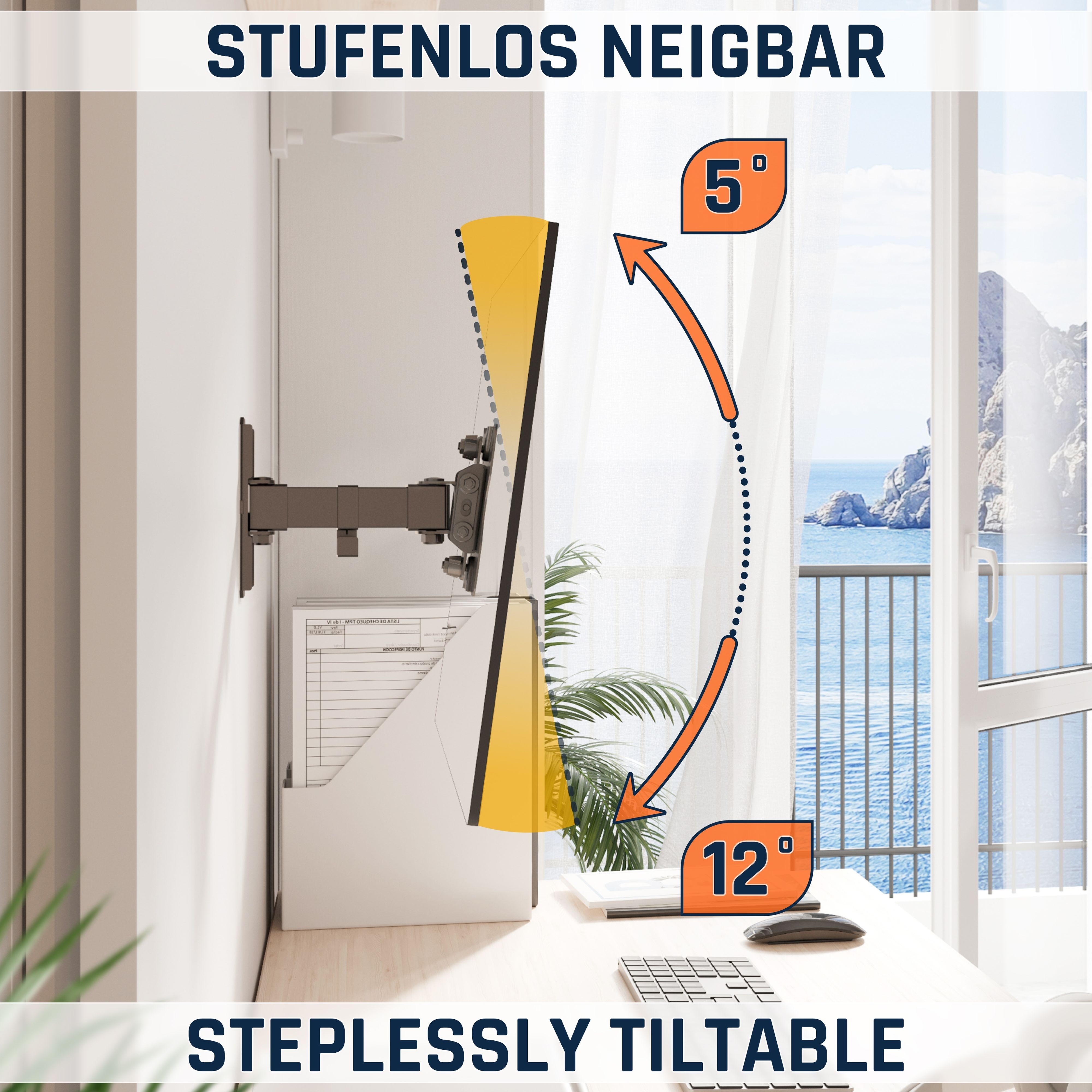 Ein schwenkbarer TV-Halter an einer Wand, mit Neigungsgraden von 5° und 12°.