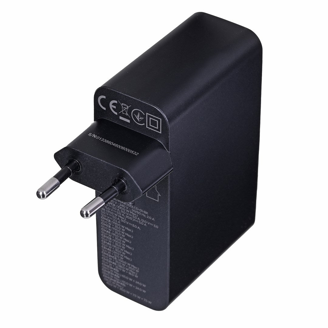 Black power adapter plug with CE and recycling symbols.